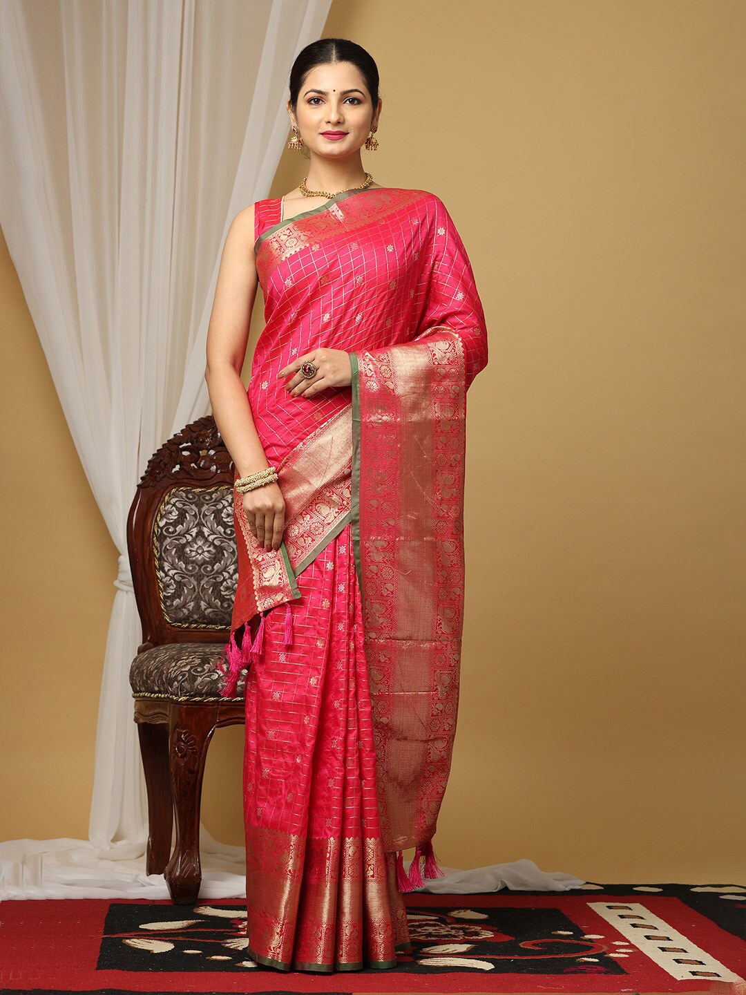 

VASTRANAND Ethnic Motifs Woven Design Zari Silk Blend Banarasi Saree, Pink