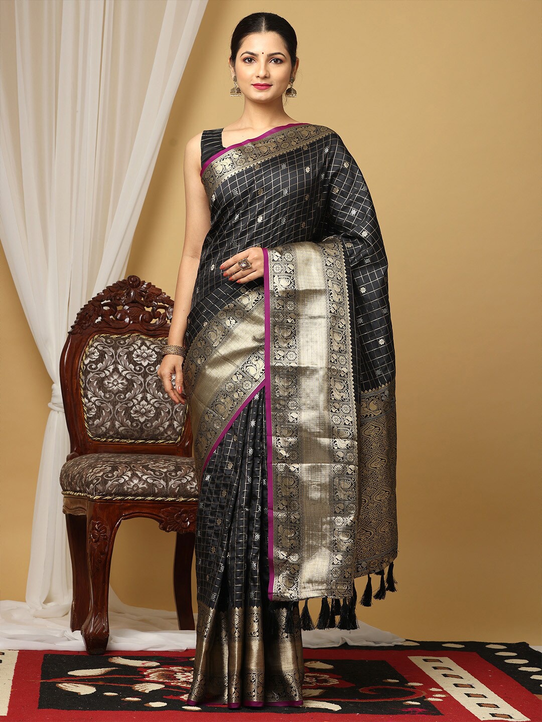 

VASTRANAND Ethnic Motifs Woven Design Zari Silk Blend Banarasi Saree, Black