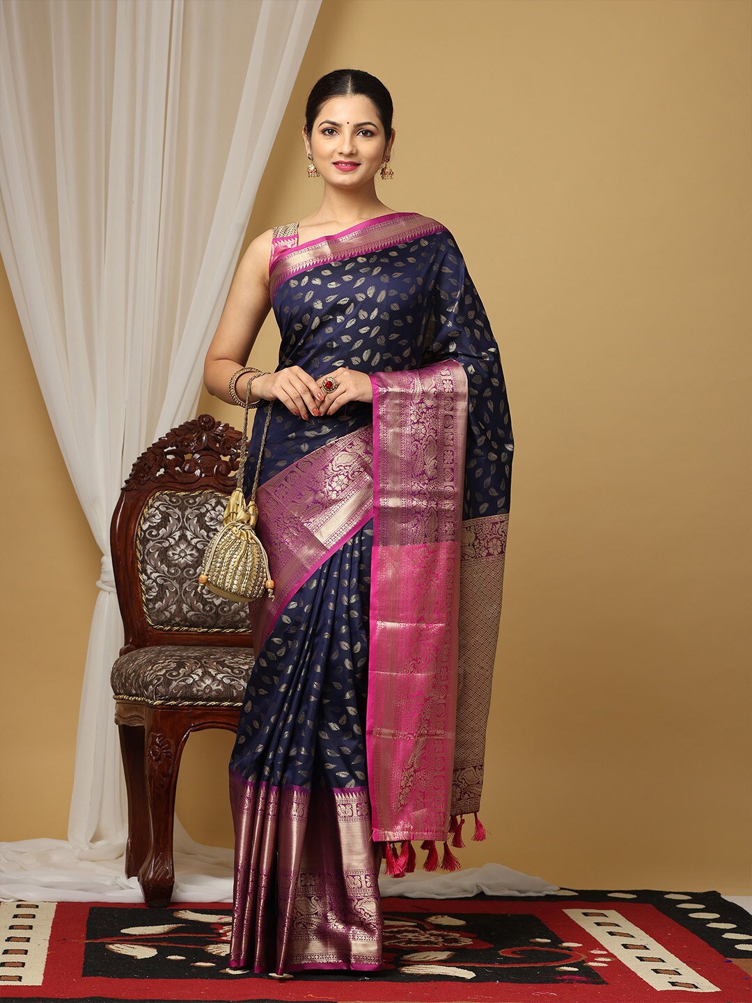 

VASTRANAND Ethnic Motifs Woven Design Zari Silk Blend Banarasi Saree, Blue