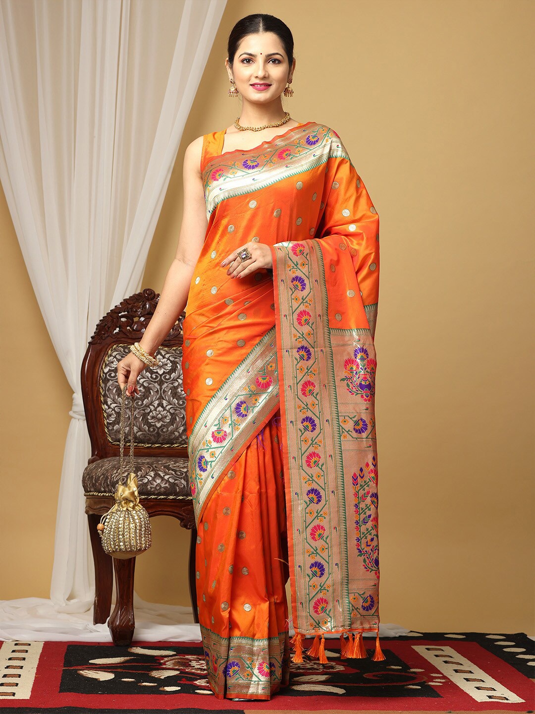 

VASTRANAND Ethnic Motifs Woven Design Zari Silk Blend Banarasi Saree, Orange