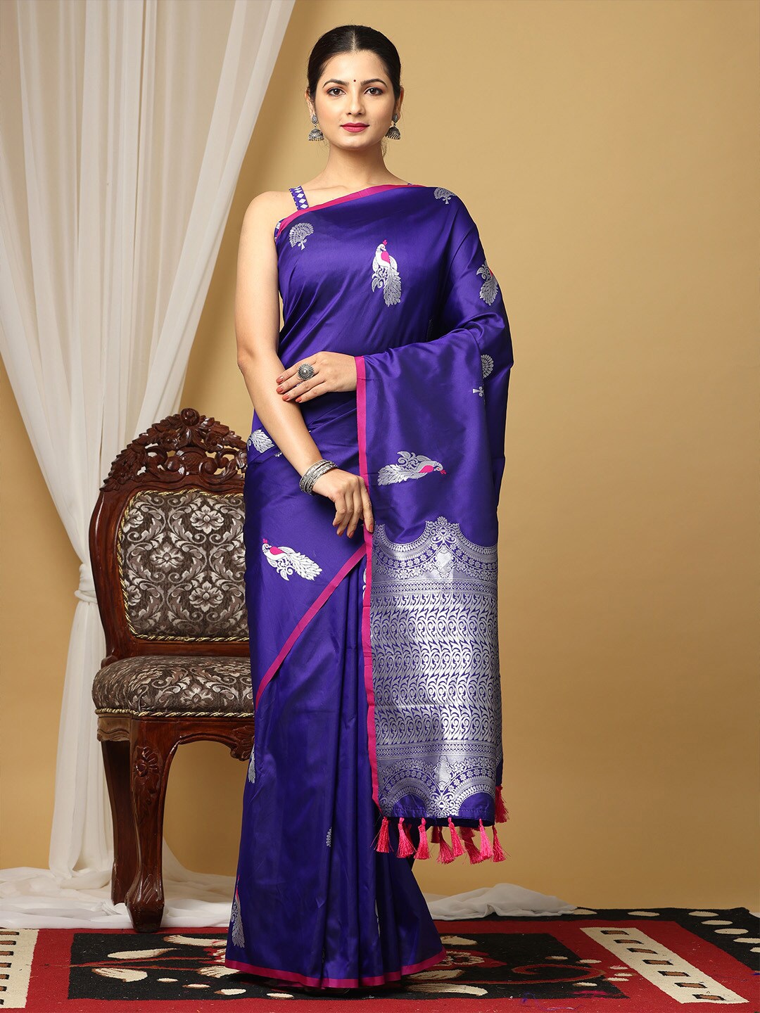 

VASTRANAND Ethnic Motifs Woven Design Zari Silk Blend Banarasi Saree, Navy blue