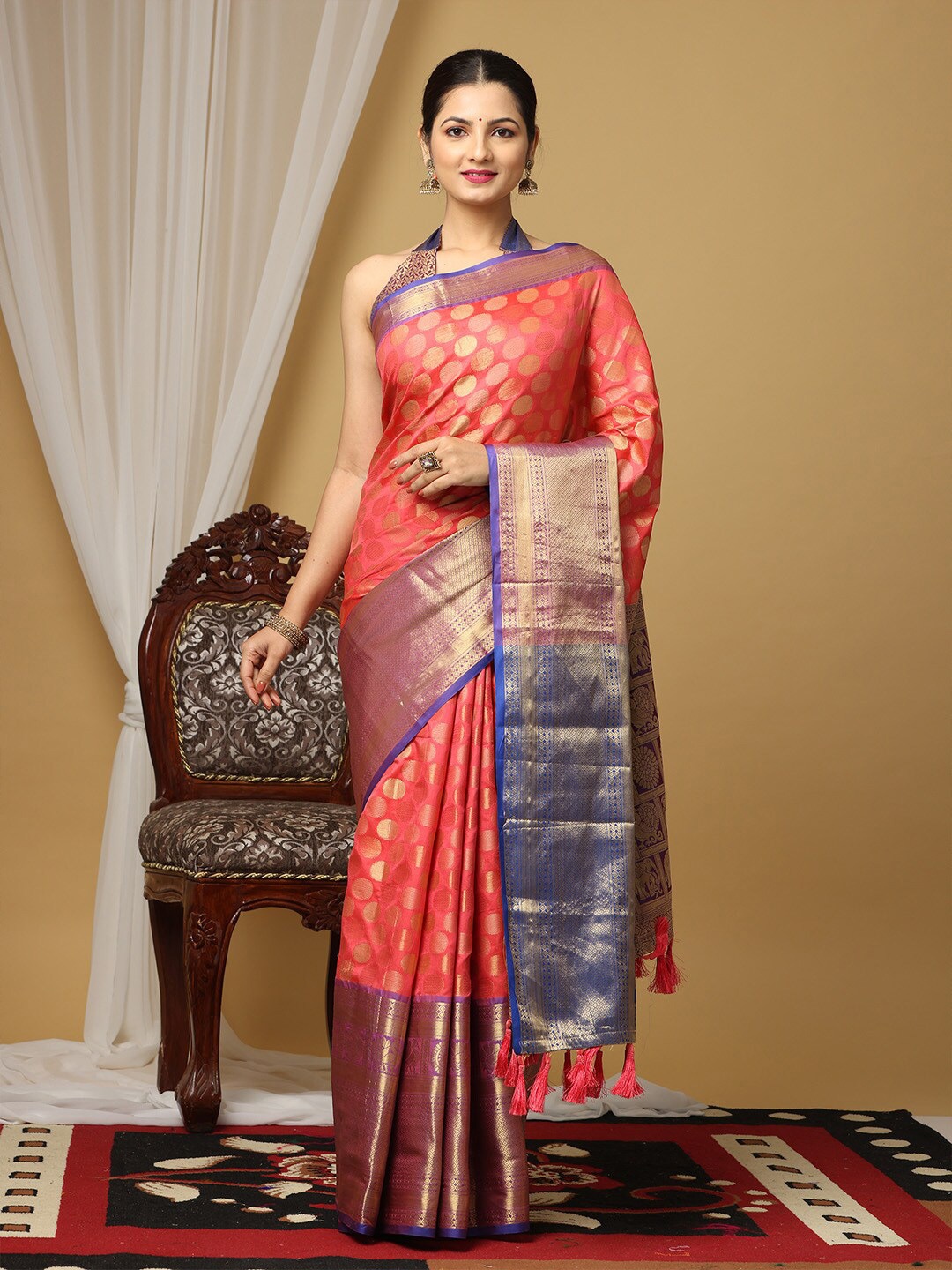 

VASTRANAND Ethnic Motifs Woven Design Zari Silk Blend Banarasi Saree, Pink