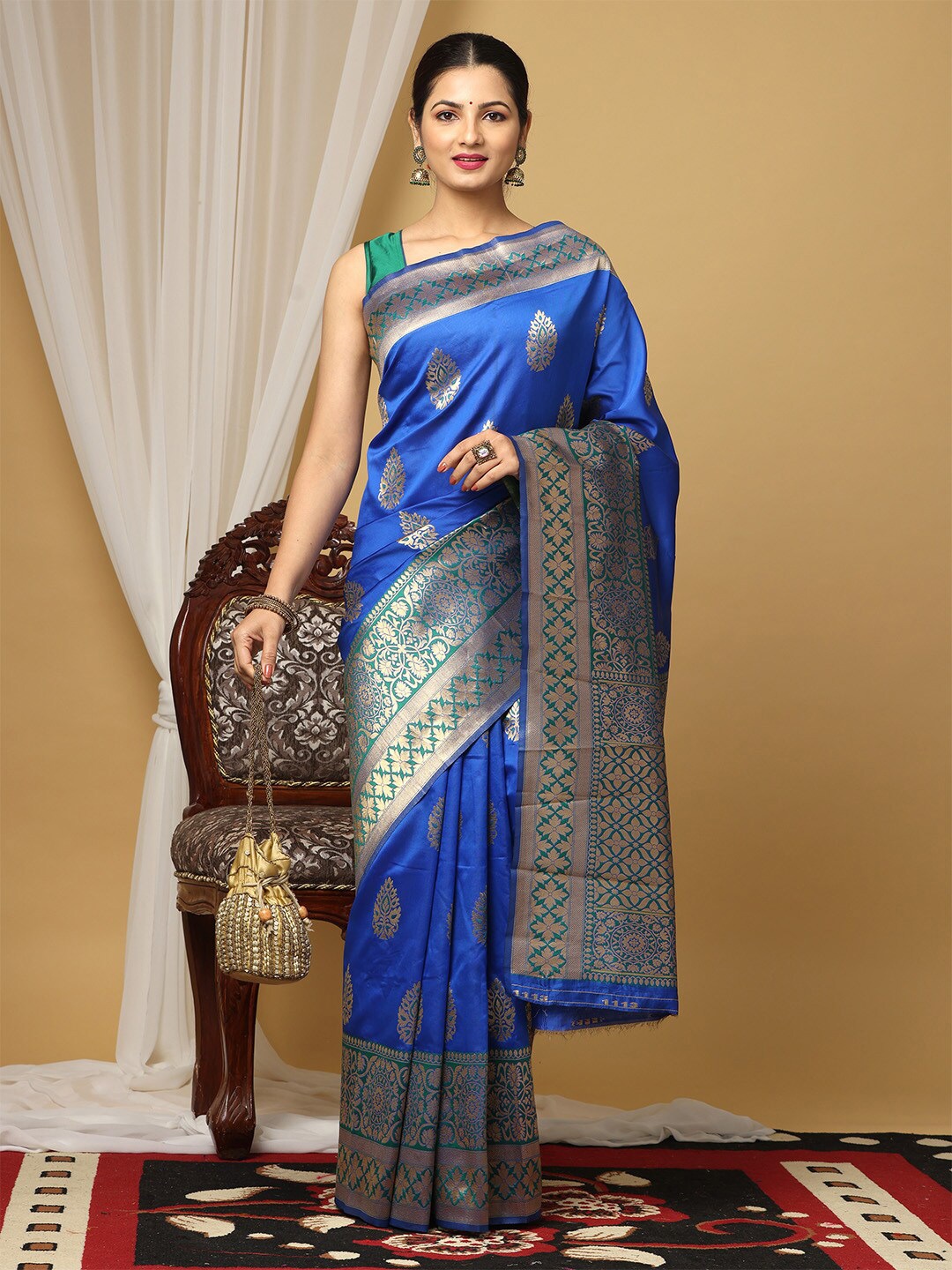 

VASTRANAND Ethnic Motifs Woven Design Zari Silk Blend Banarasi Saree, Blue