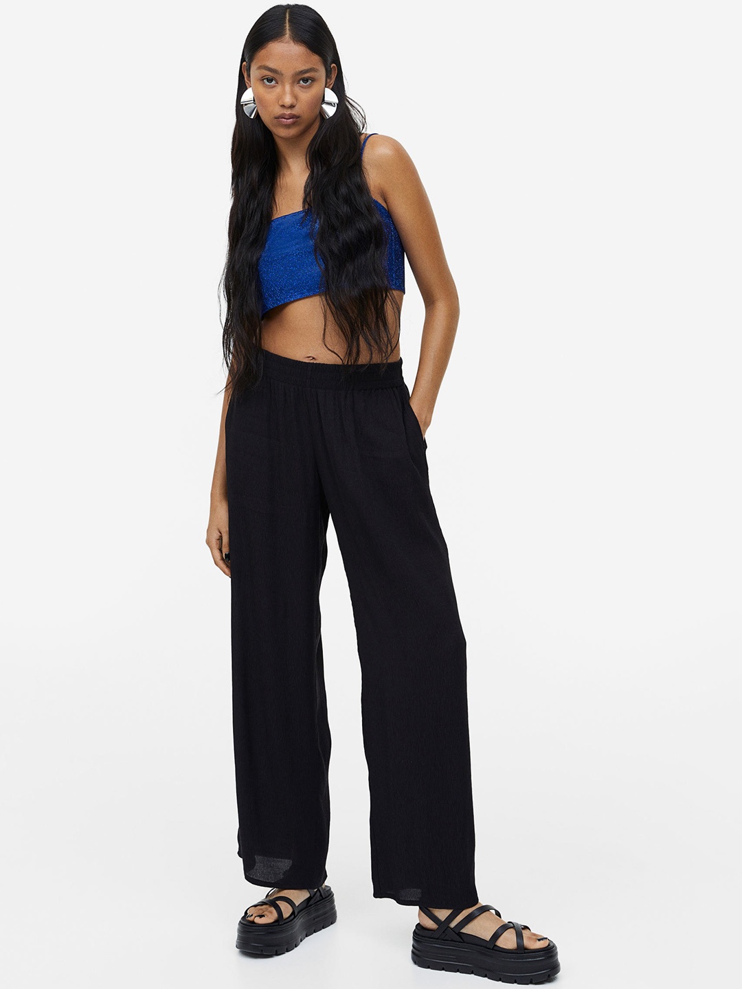 

H&M Women Crepe Pull-On Trousers, Black