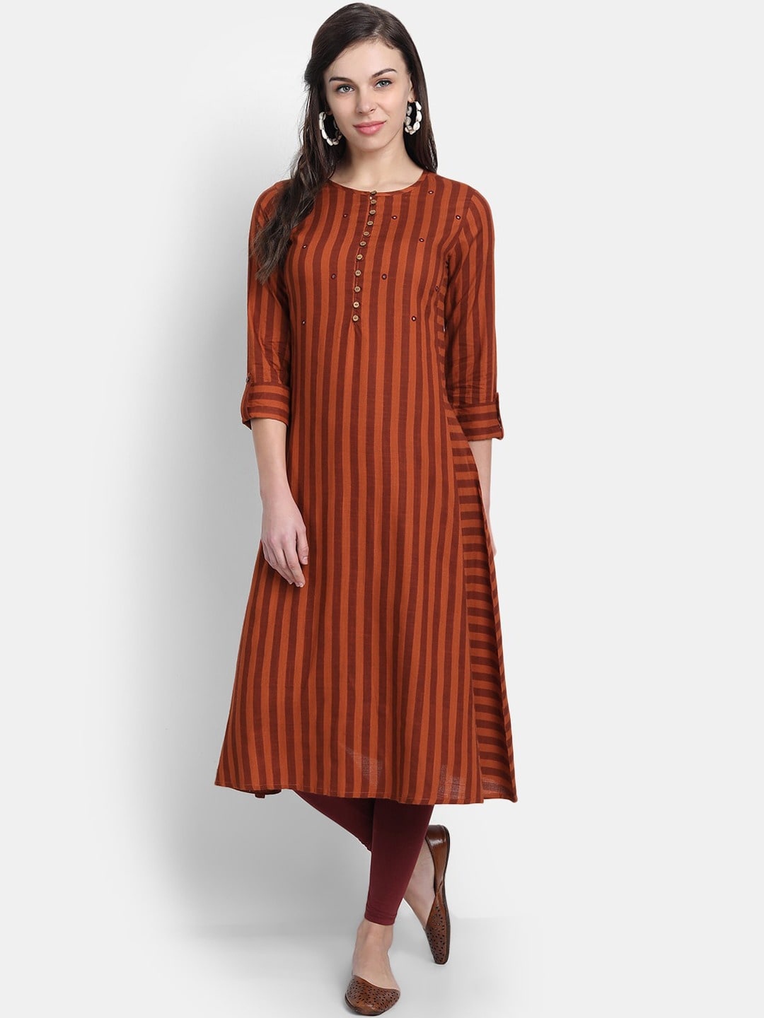 

SUTI Striped Mirror Work Detail A-Line Kurta, Rust