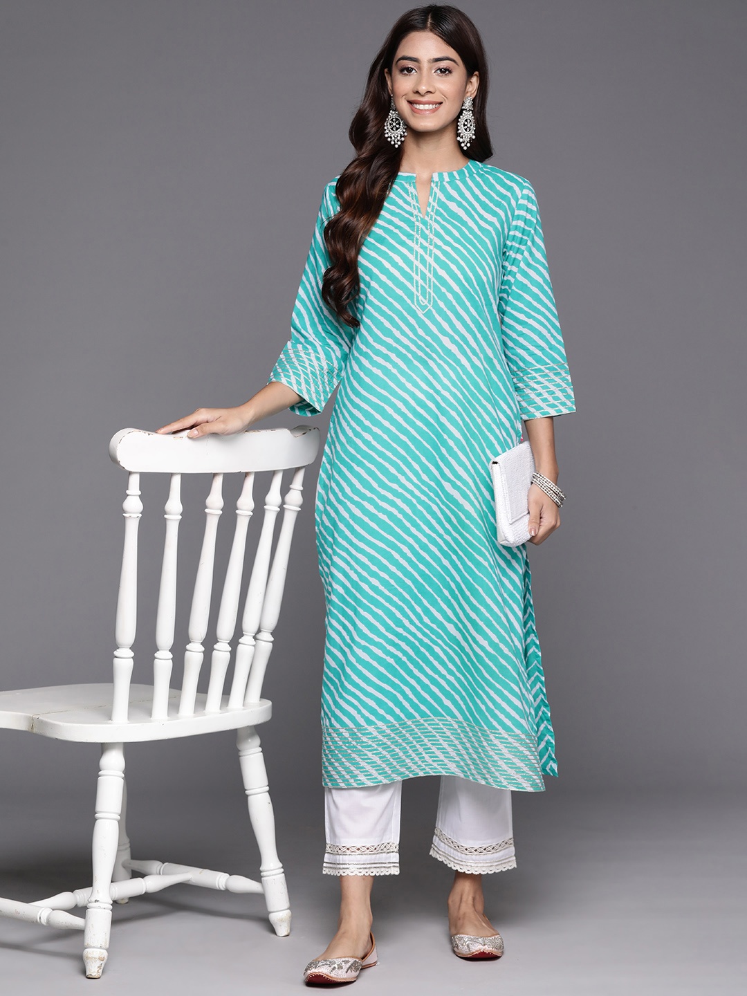

Varanga Women Leheriya Striped Cotton Gotta Patti Kurta, Sea green