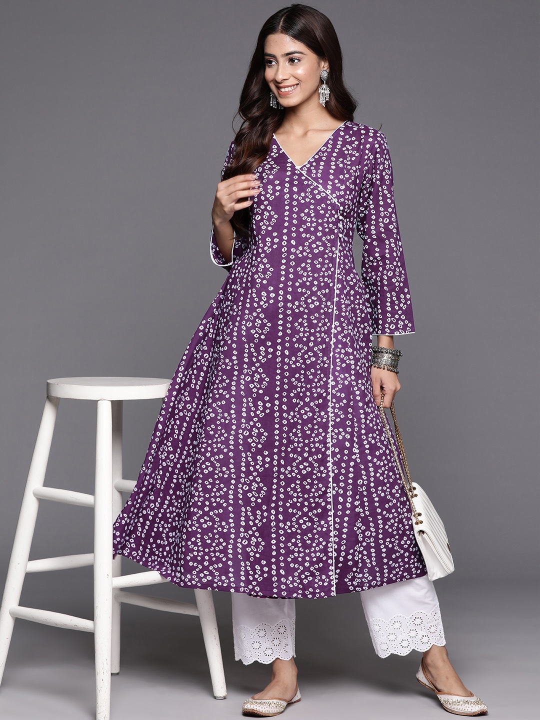 

Varanga Bandhani Printed Pure Cotton Angrakha A Line Kurta, Purple