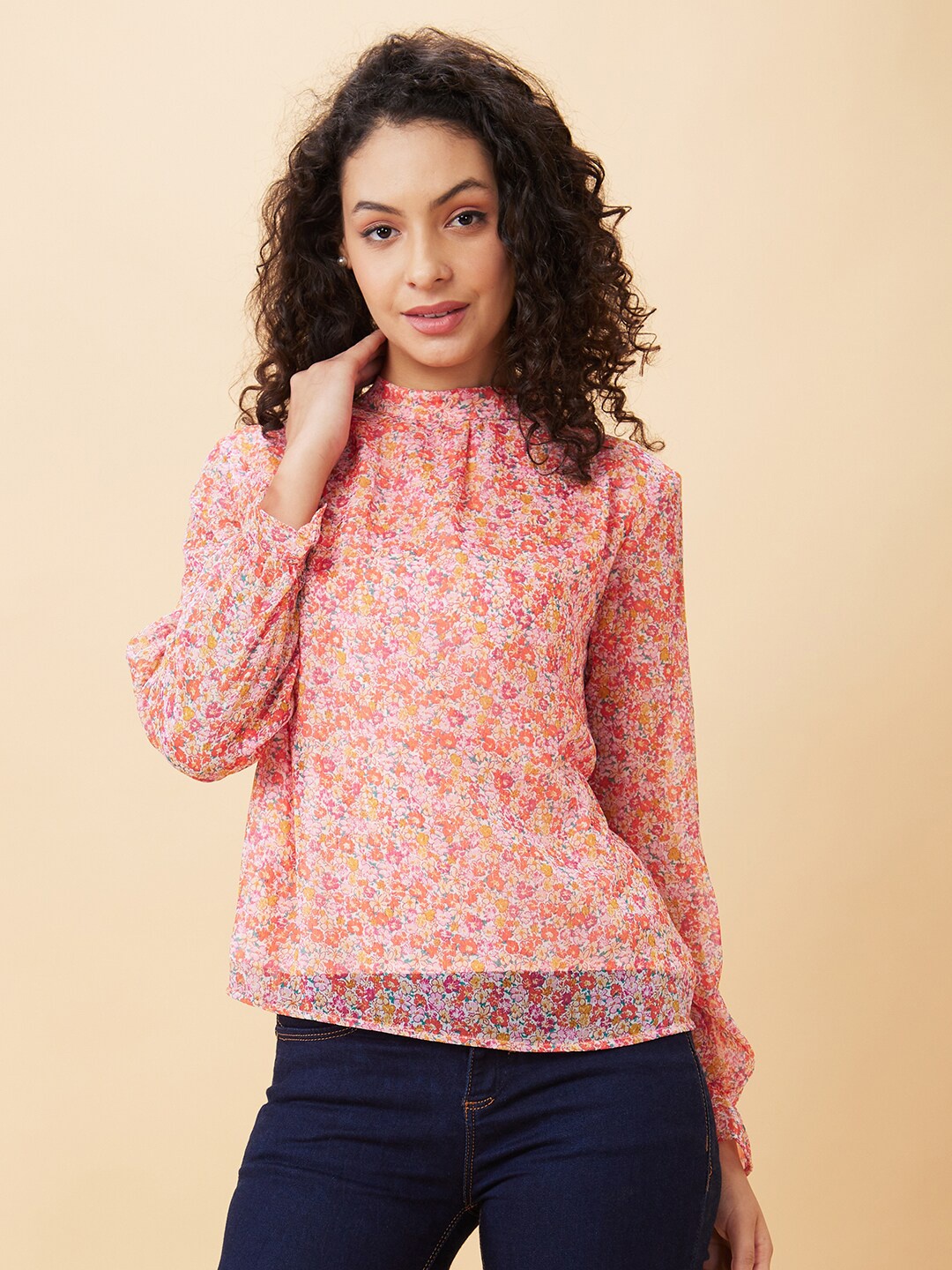 

Globus Orange Floral Printed High Neck Gathered Detailed Regular Top