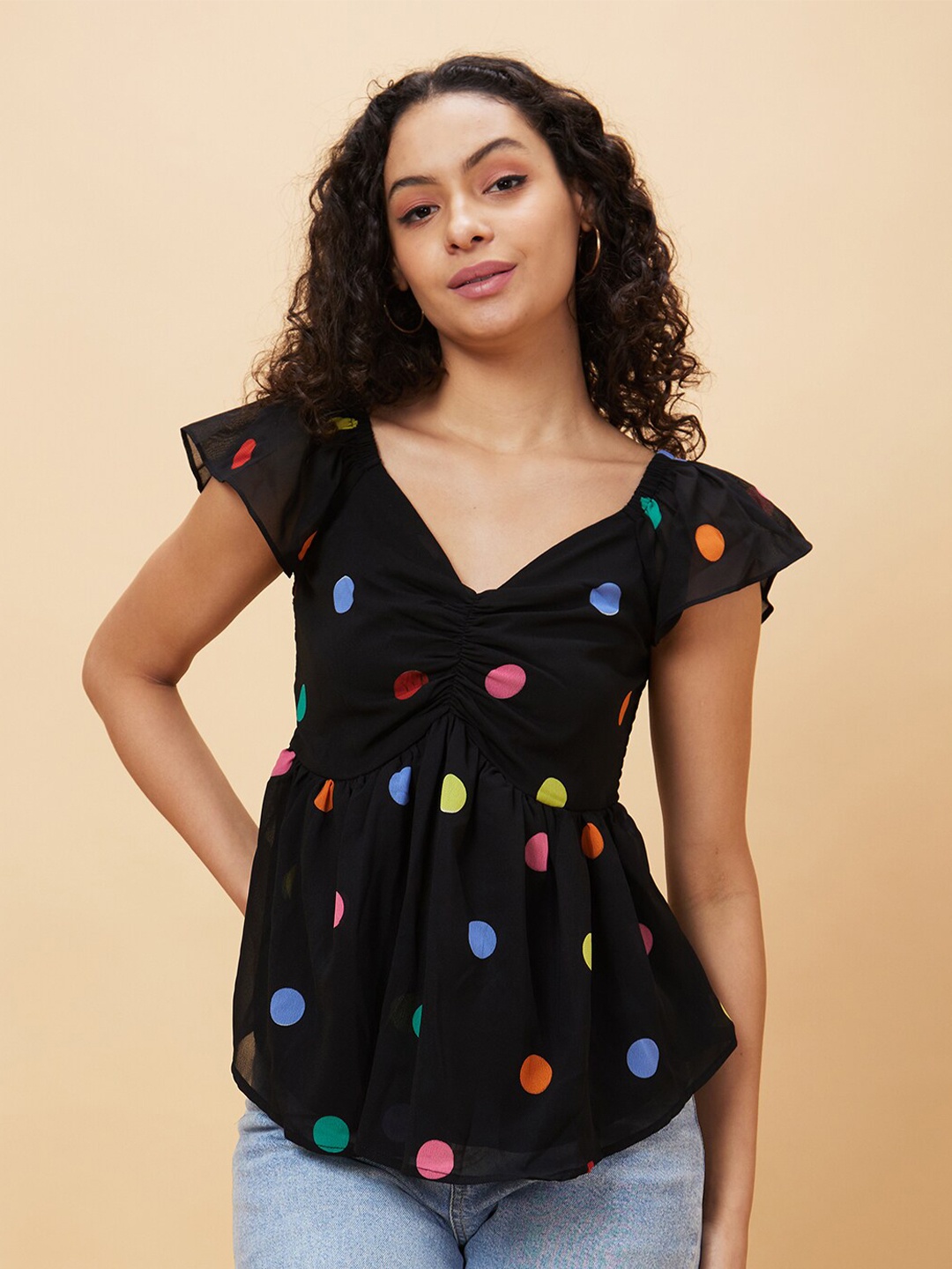 

Globus Polka Dots Printed Ruched Regular Top, Black