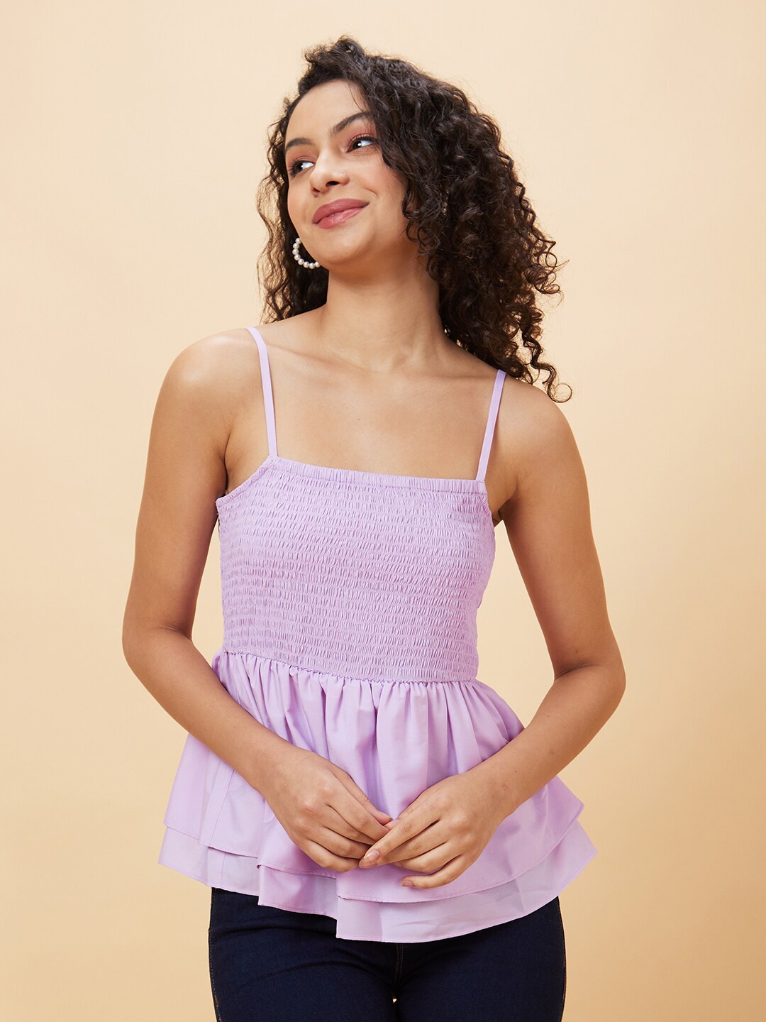 

Globus Shoulder Strap Smocked Peplum Top, Lavender