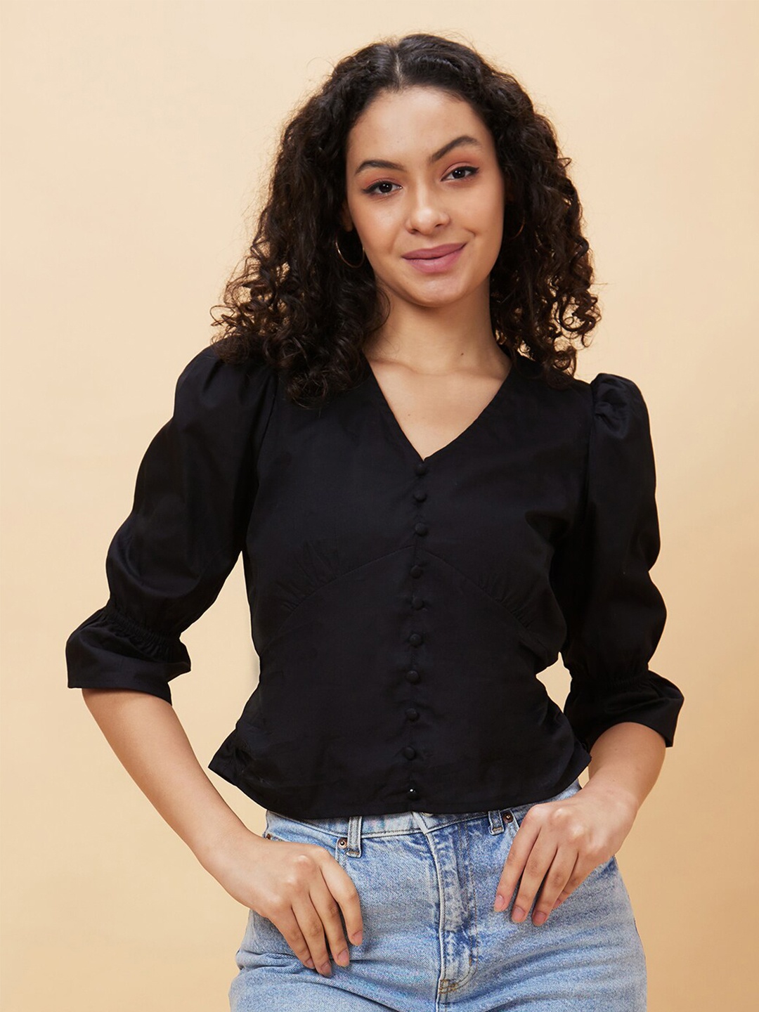

Globus V-Neck Pure Cotton Regular Top, Black
