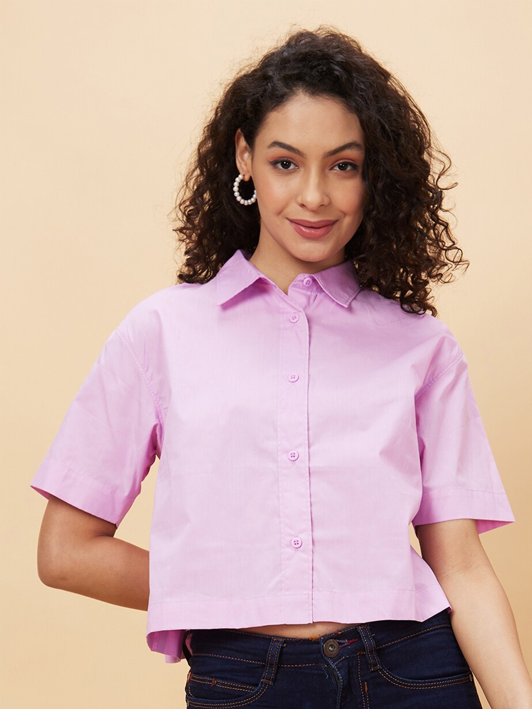 

Globus Purple Regular Fit Spread Collar Cotton Casual Crop Shirt