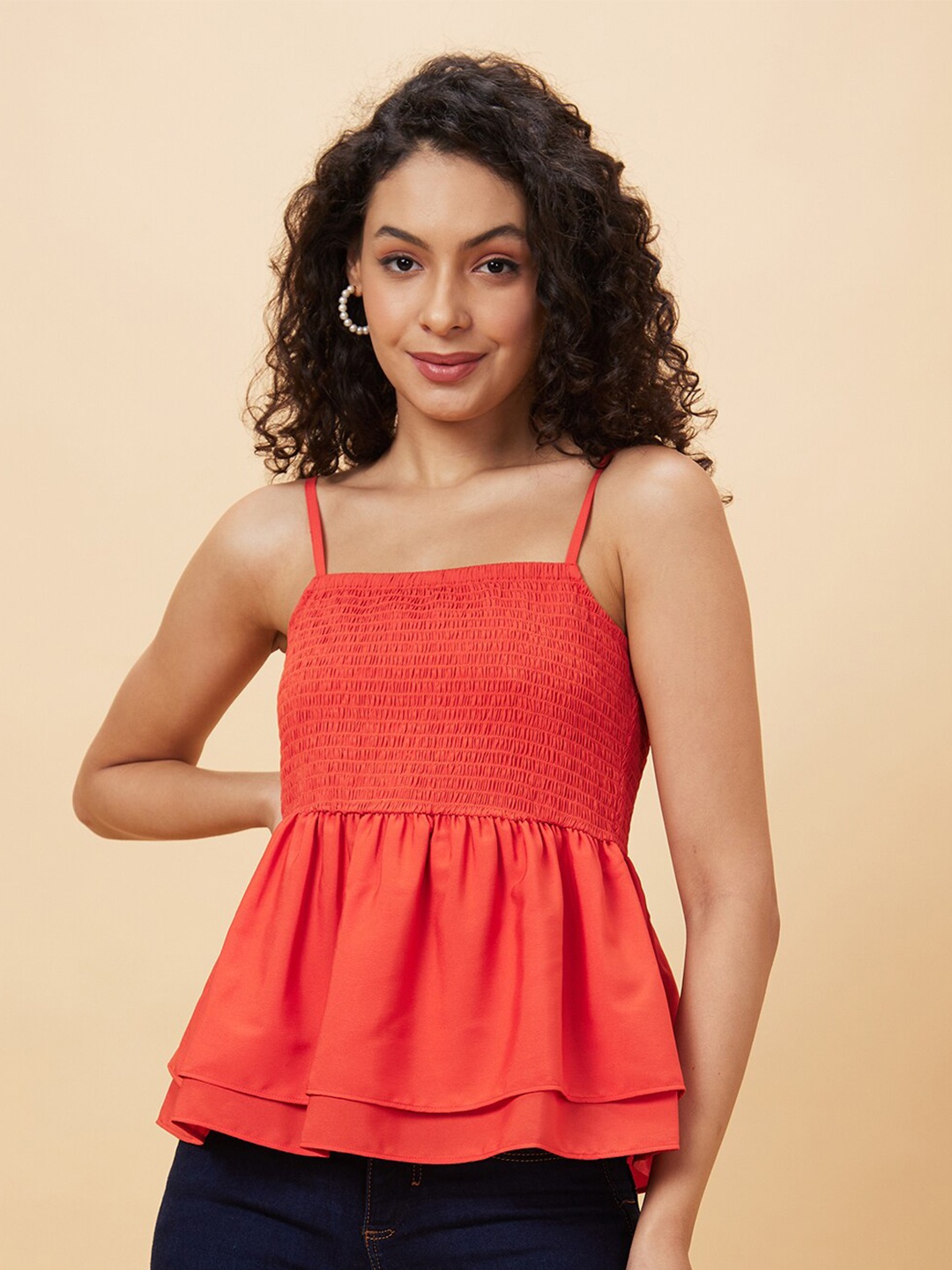 

Globus Shoulder Strap Smocked Peplum Top, Rust