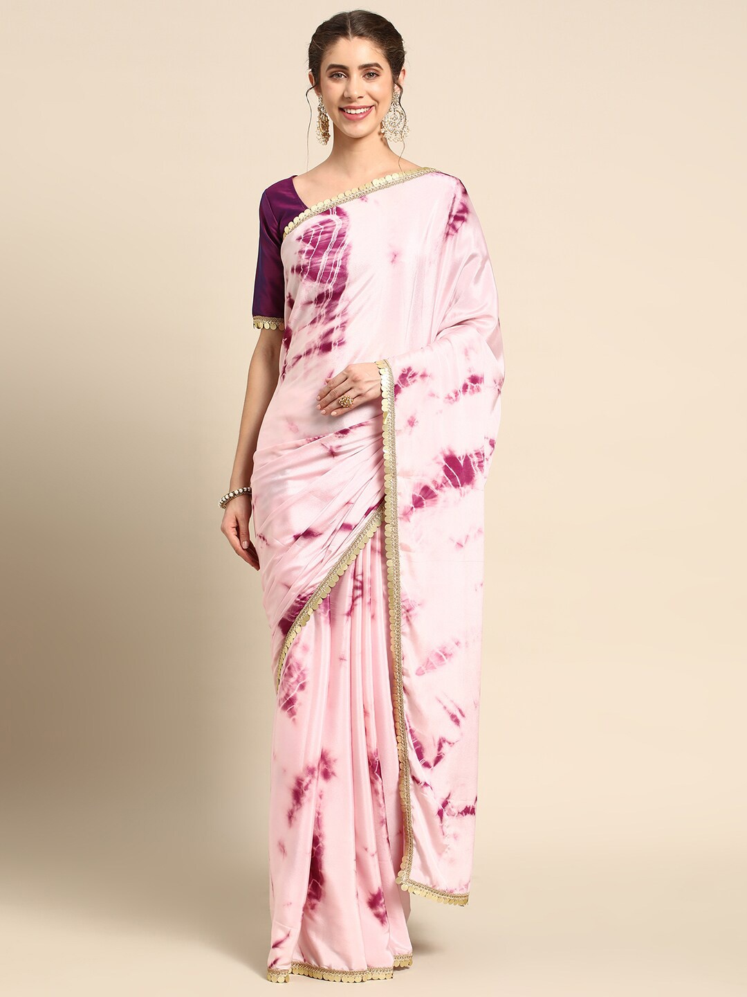 

Nimayaa Tie and Dye Sequinned Satin Saree, Pink