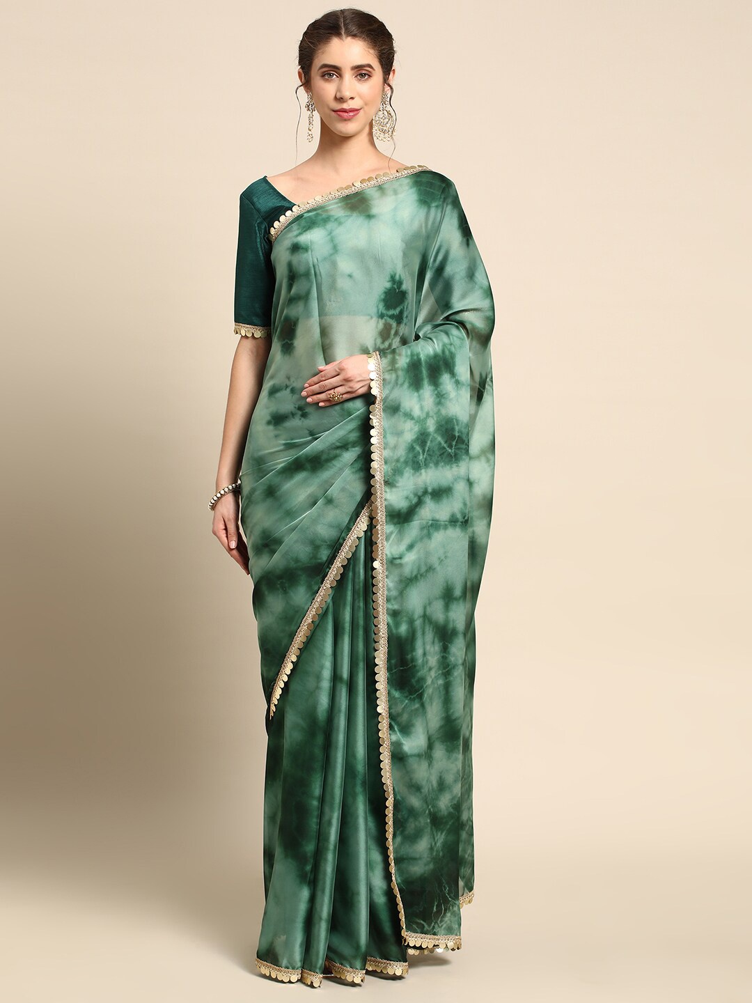 

Nimayaa Tie and Dye Sequinned Satin Saree, Green