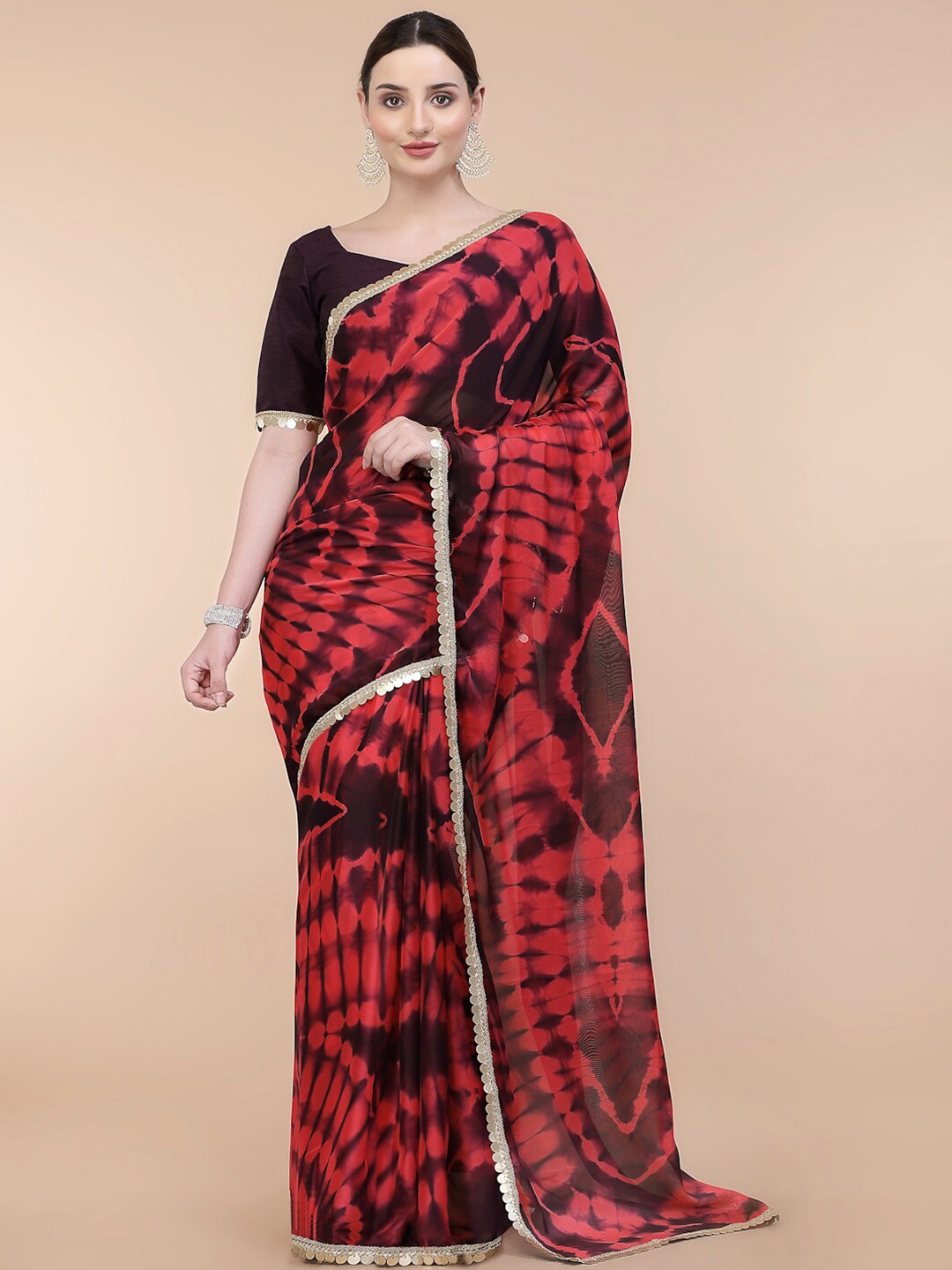 

Mitera Maroon & Red Tie and Dye Sequinned Satin Saree
