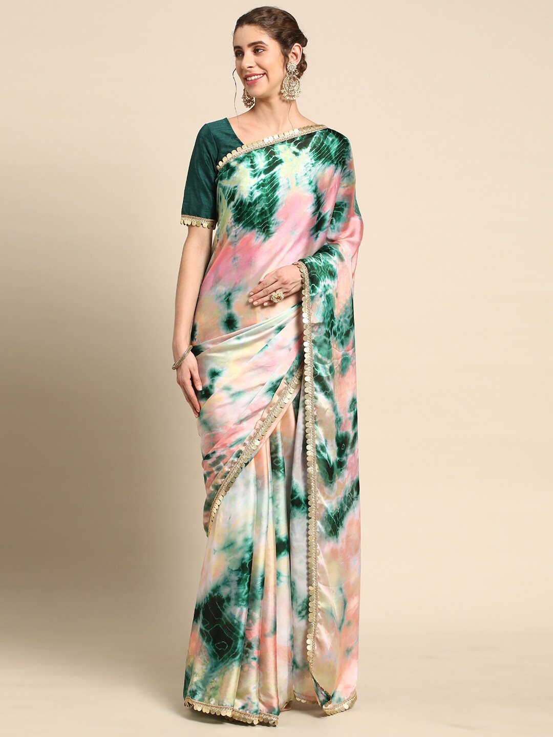 

Mitera Pink & Green Tie and Dye Sequinned Satin Saree