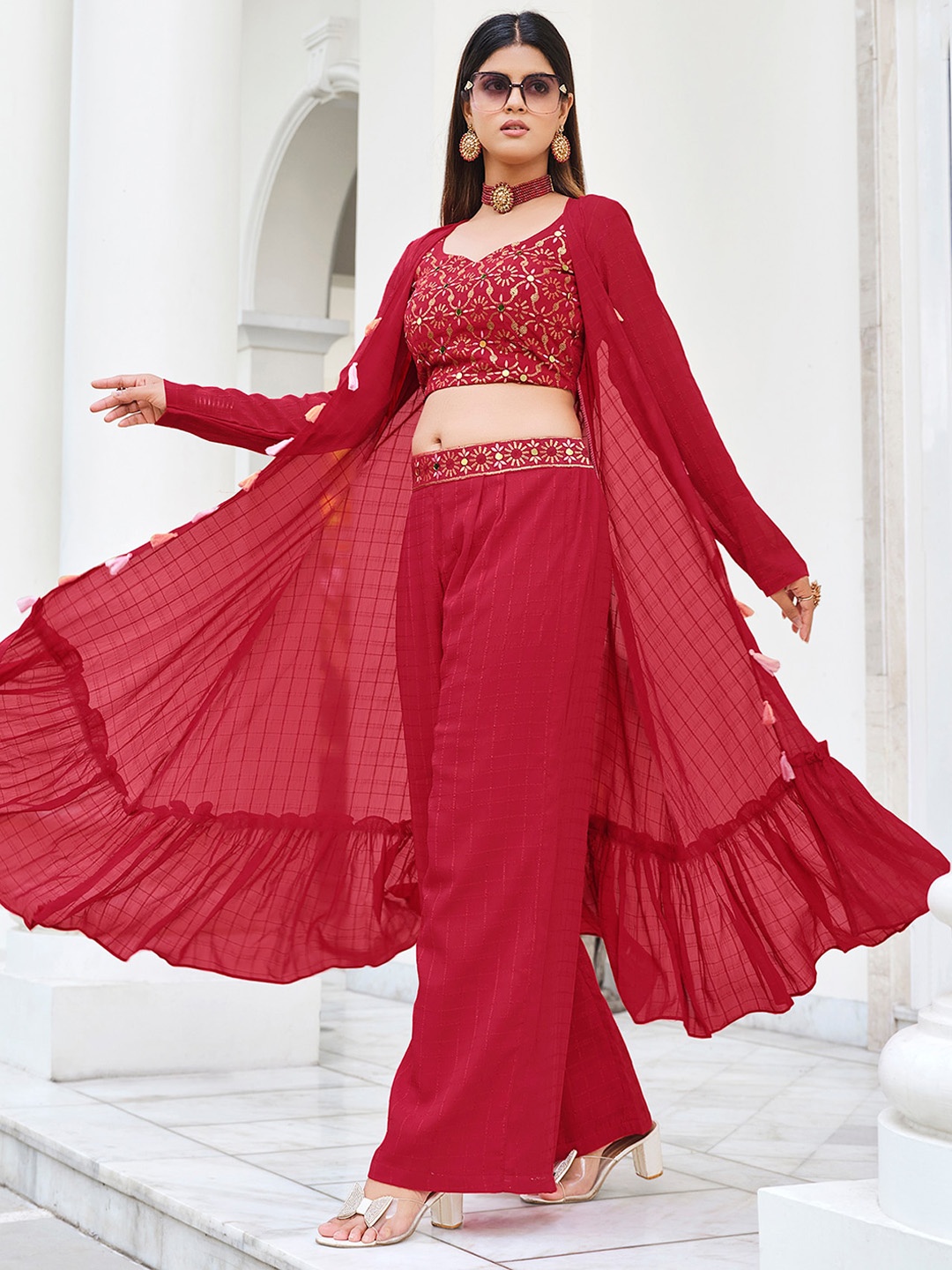 

Sangria Red Embroidered Georgette Top & Palazzo With Shrug