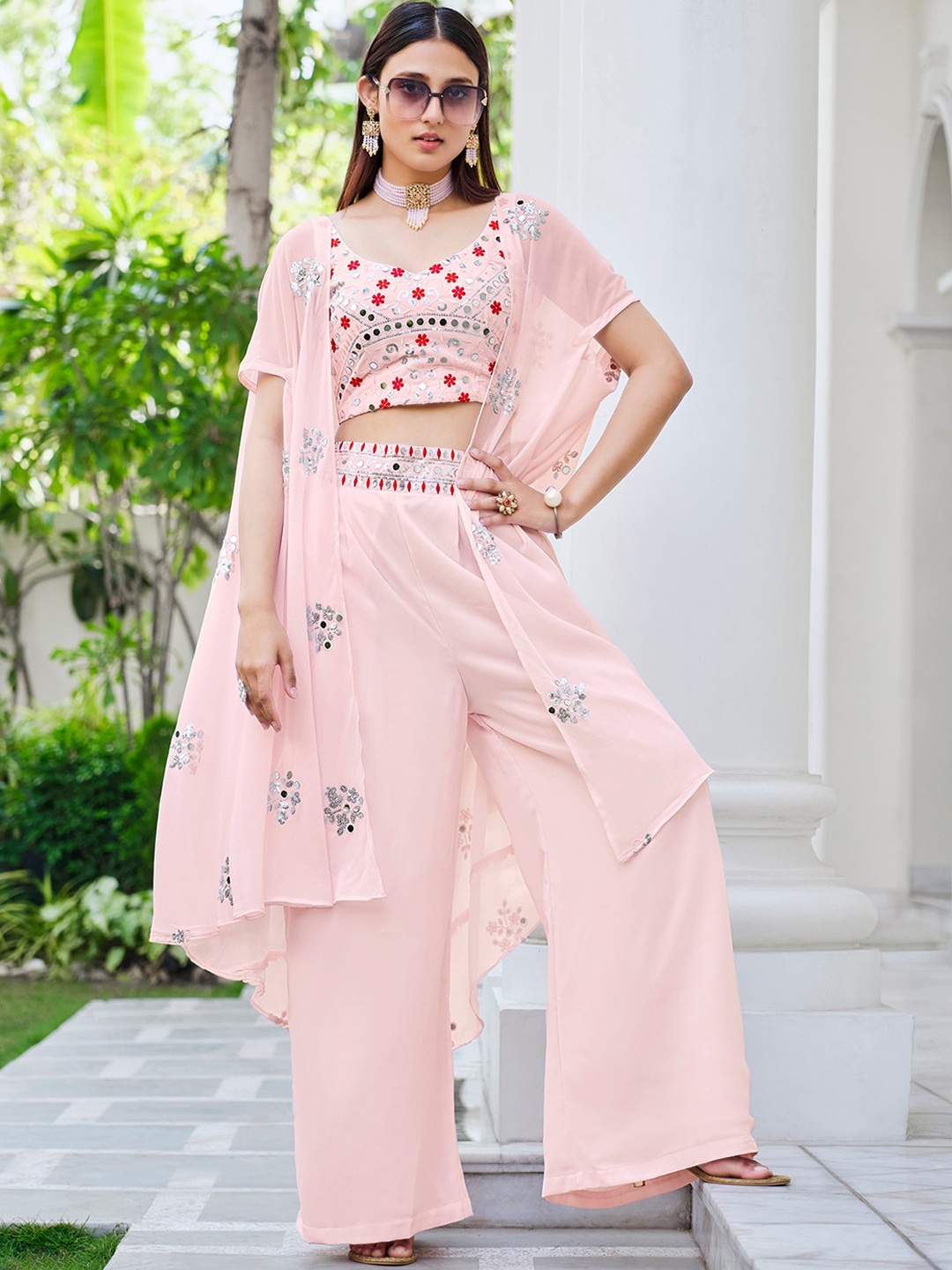 

Sangria Floral Embroidered Mirror Work Detail Georgette Crop Top With Palazzos & Shrug, Pink