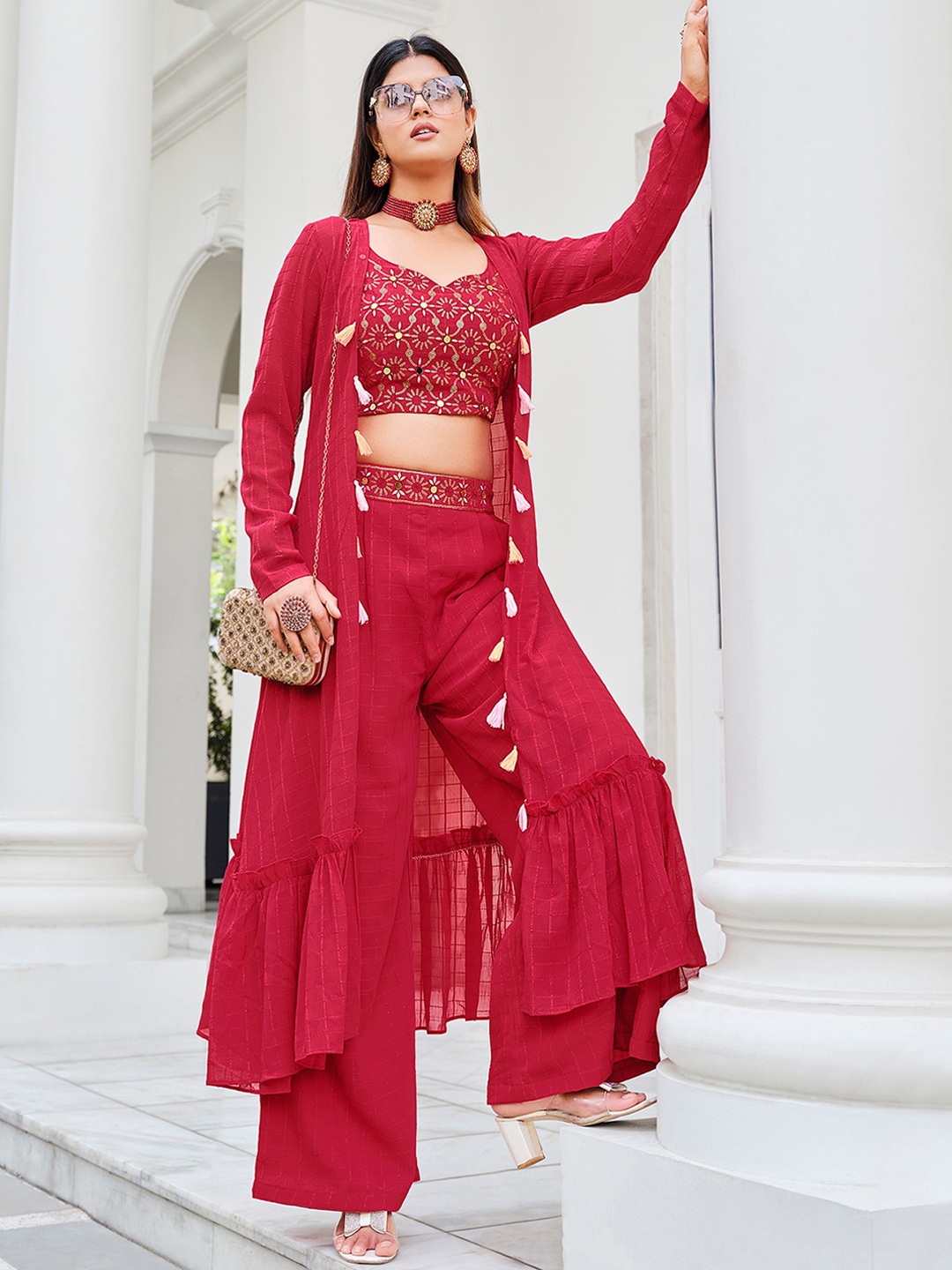 

Sangria Sequinned and Mirror Work Top With Palazzo & Shrug Co-ords Set, Red