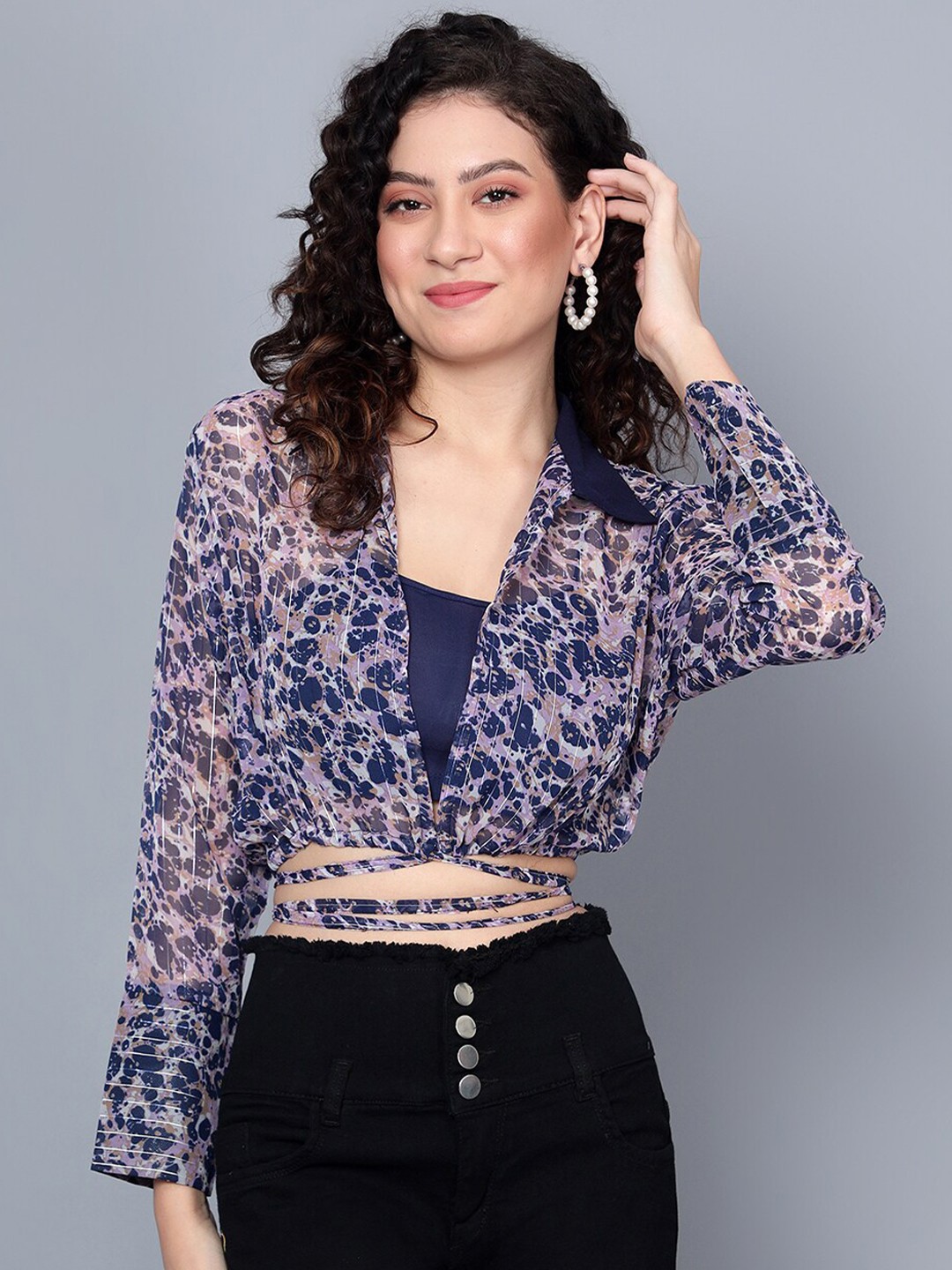 

ANVI Be Yourself Shirt Collar Abstract Wap Shirt Style Crop Top With Cami, Purple