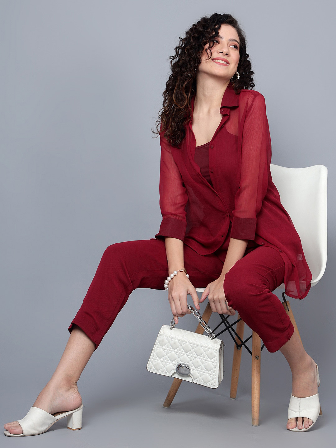 

ANVI Be Yourself Women Sheer Casual Shirt & Cami With Trouser Co-Ords Set, Maroon