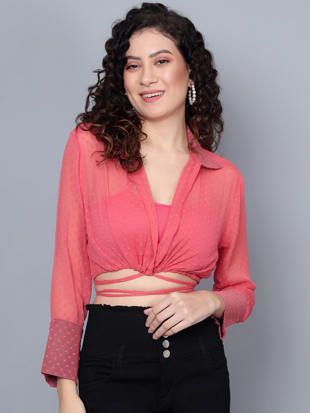 

ANVI Be Yourself Shirt Collar Self Design Wap Shirt Style Crop Top With Cami, Peach