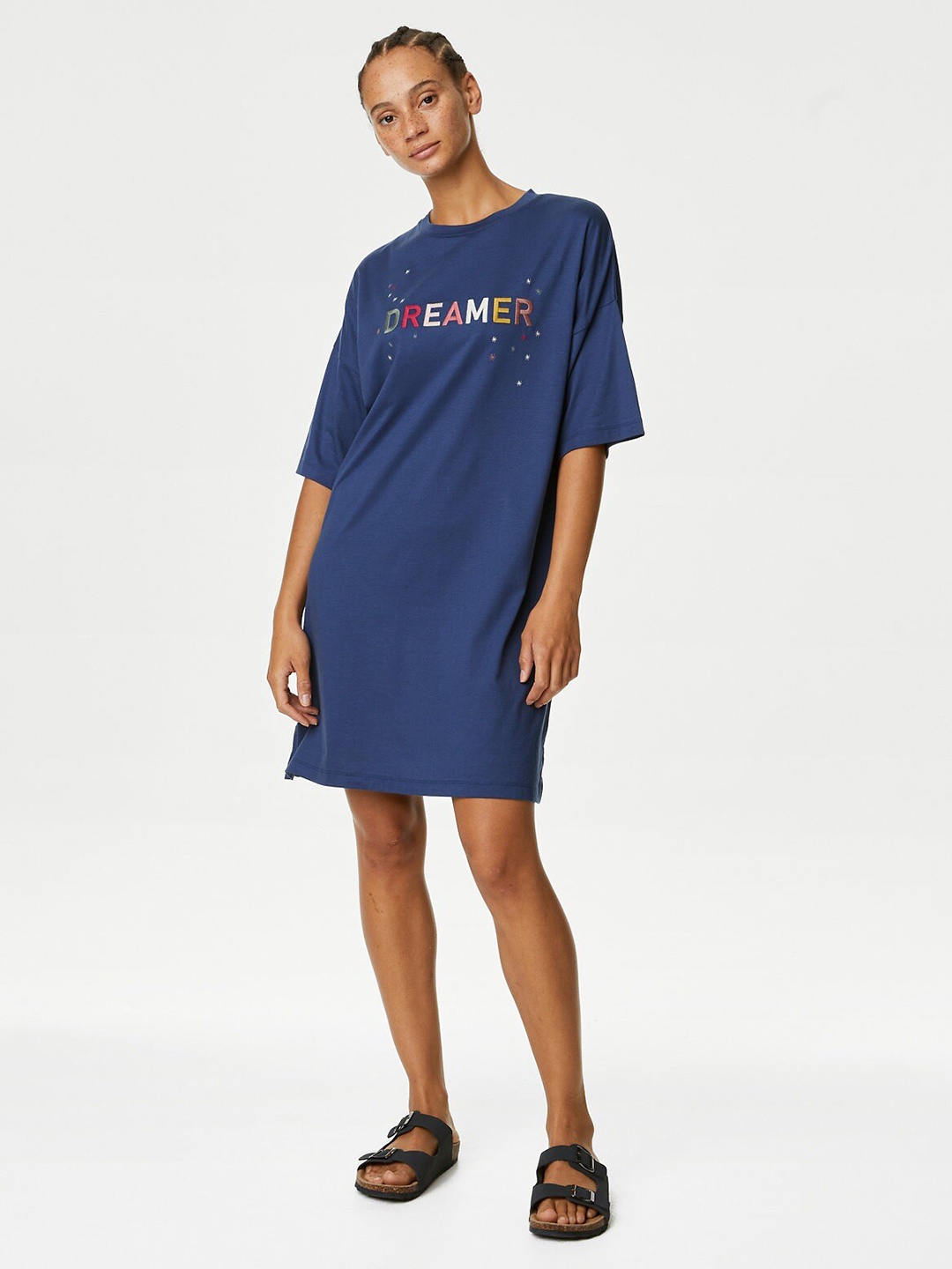 

Marks & Spencer Drop Shoulder Sleeves Embroidered Detail T-shirt Dress, Navy blue
