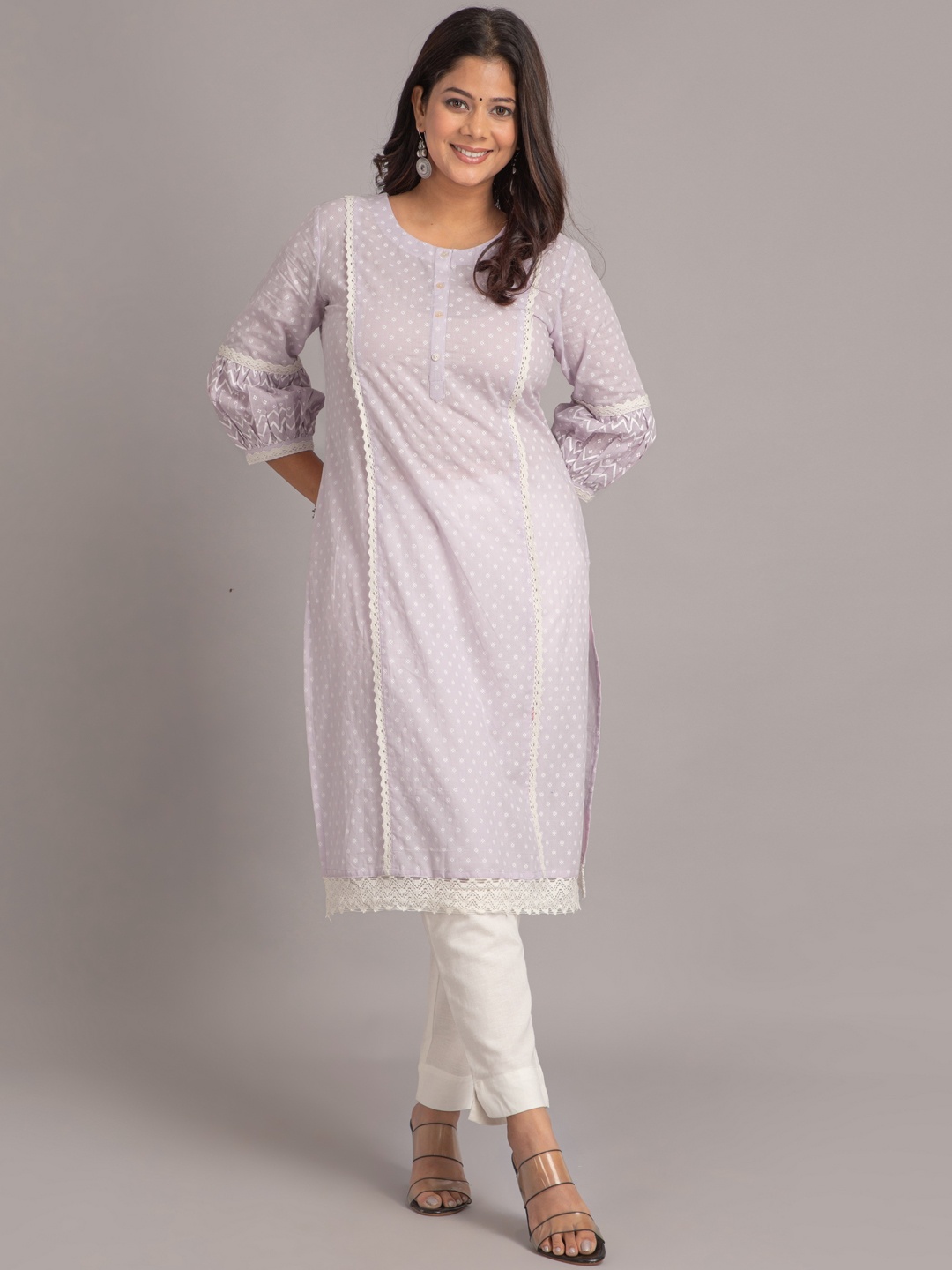 

SUTI Ethnic Motifs Printed Lace Detailed Straight Kurta, Lavender