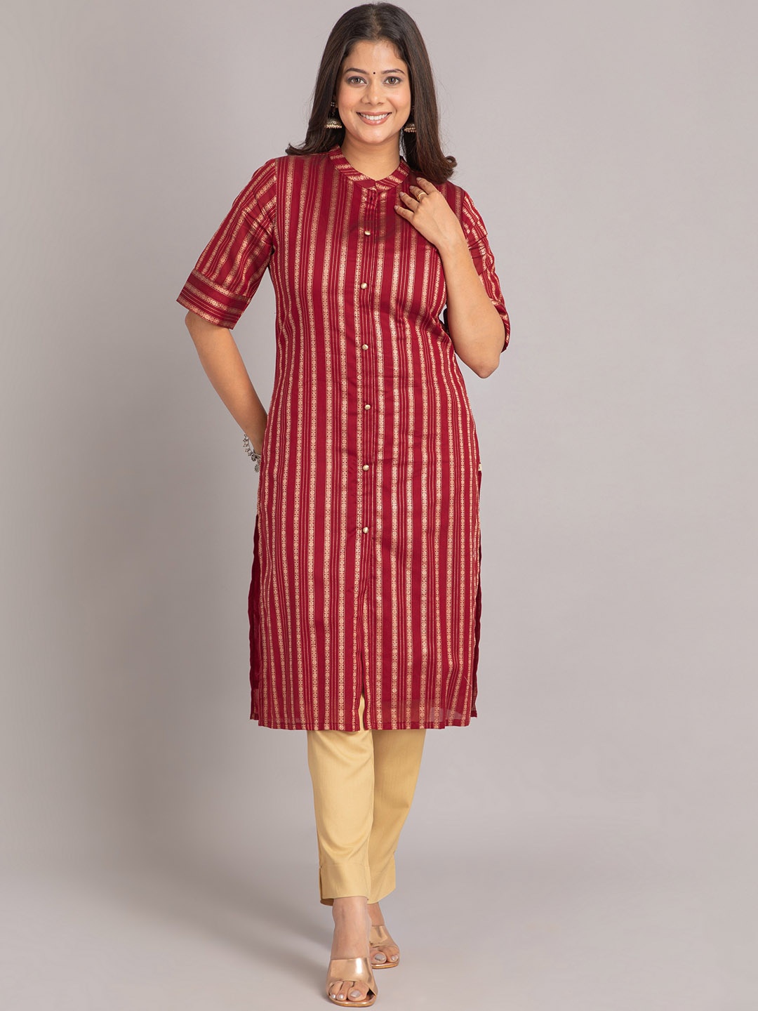 

SUTI Ethnic Motifs Woven Design Mandarin Collar Cotton Straight Kurta, Maroon