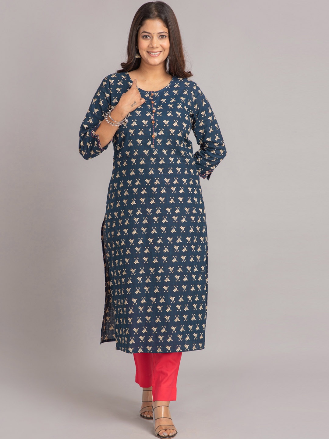 

SUTI Ethnic Motifs Printed Cotton Straight Kurta, Blue