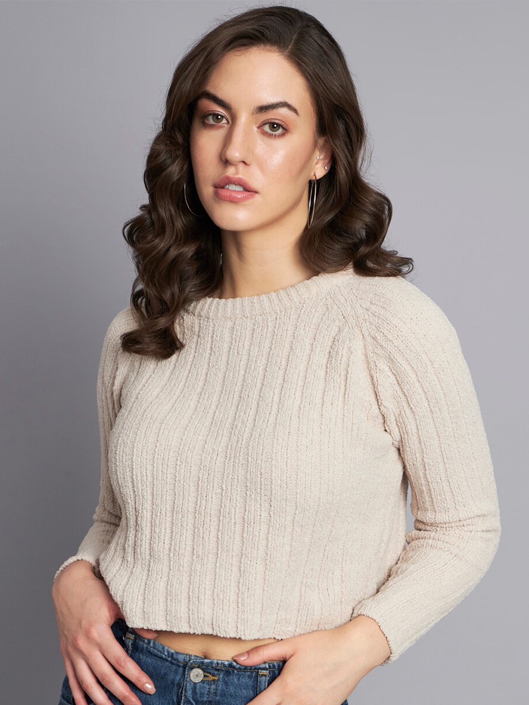 

NoBarr Self Design Cable Knit Acrylic Crop Pullover, Beige