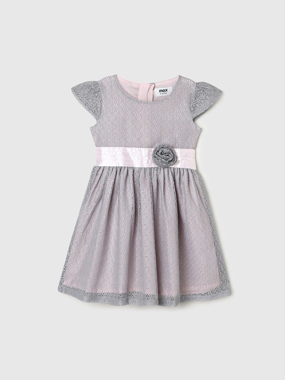 

max Girls Self Design Corsage Pure Cotton Fit & Flare Dress, Grey