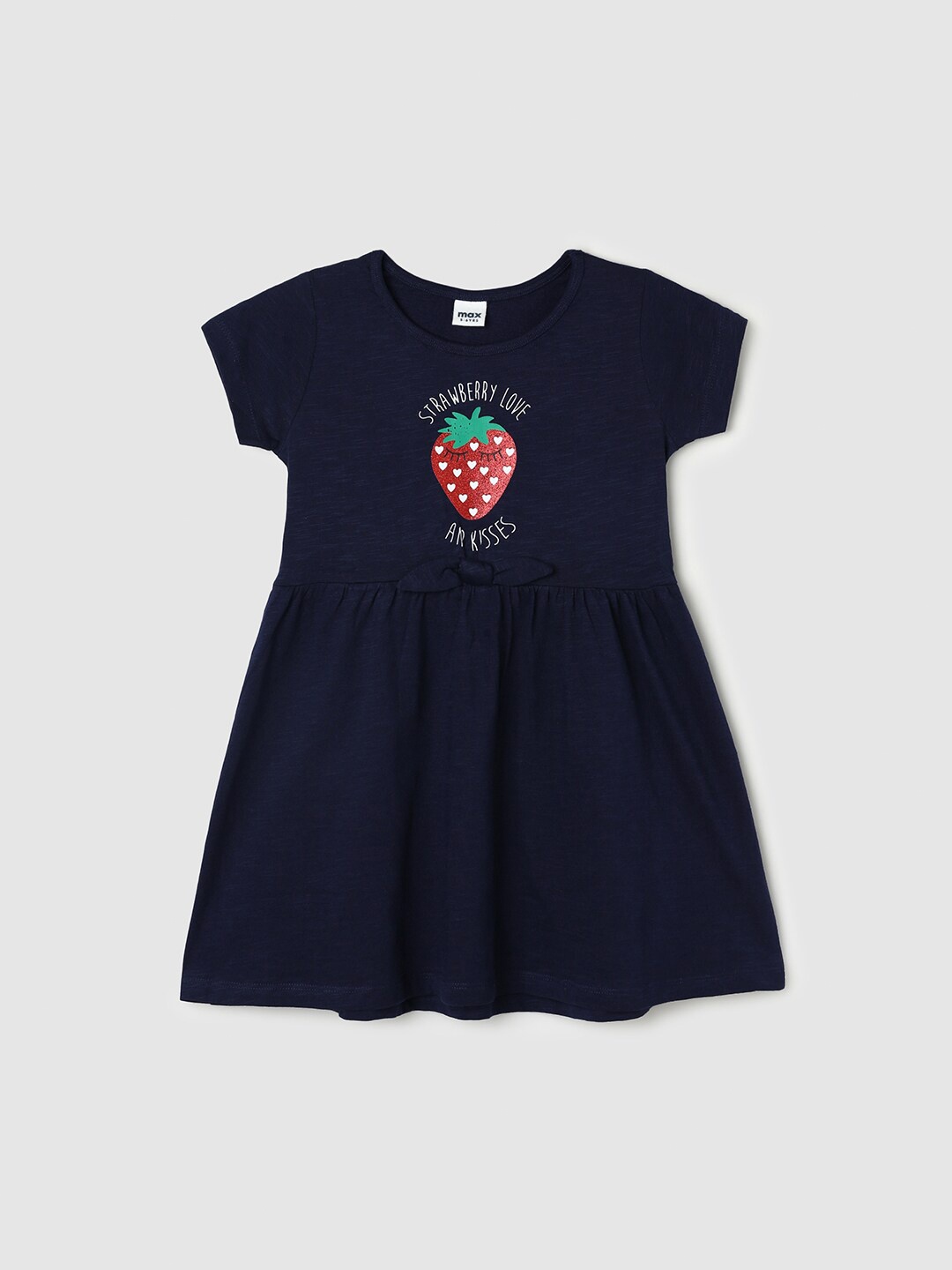 

max Girls Graphic Printed Pure Cotton Fit & Flare Dress, Navy blue