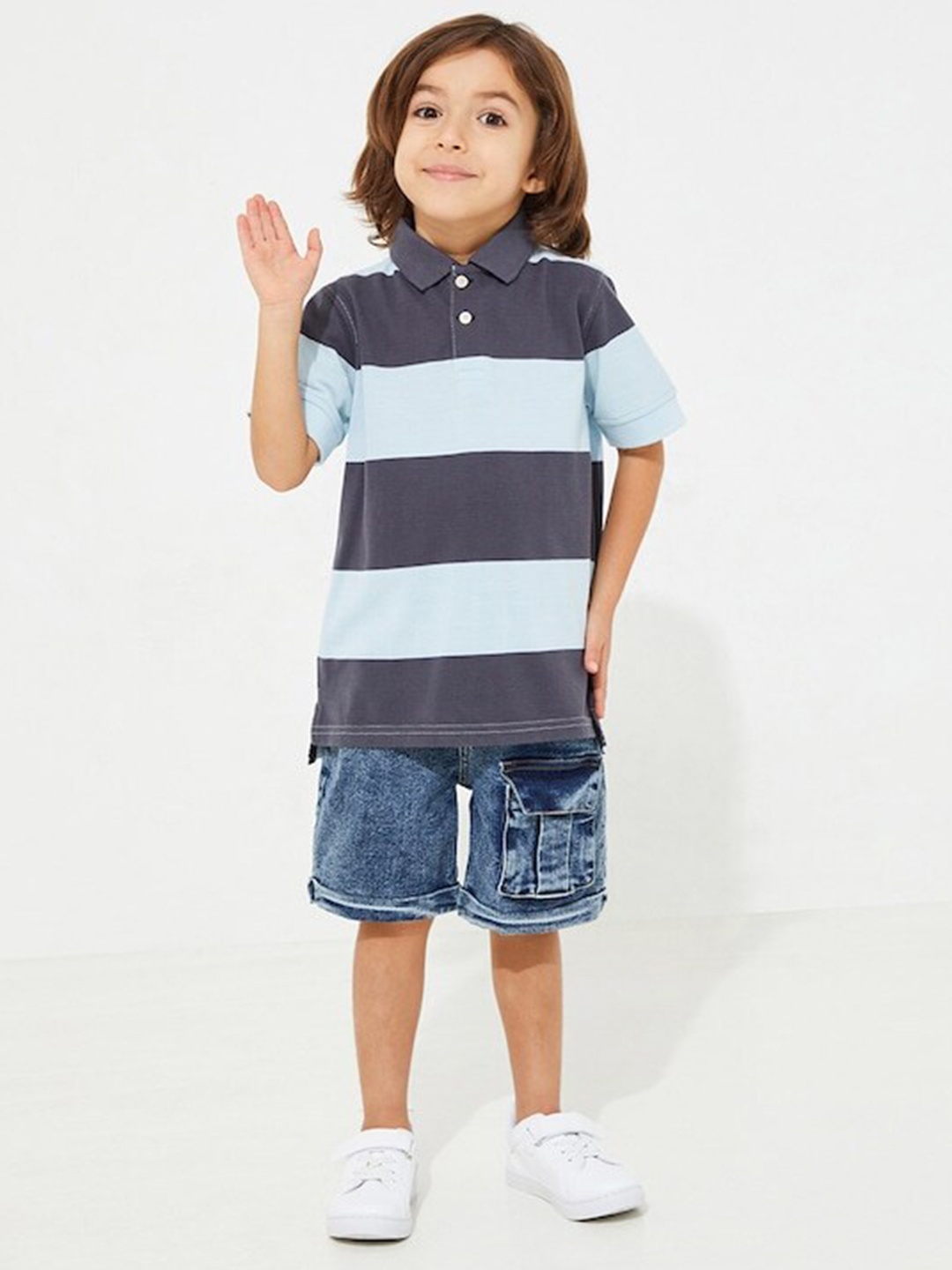 

Cherry Crumble Boys Twisted Dual Cotton Polo Collar T-shirt, Blue