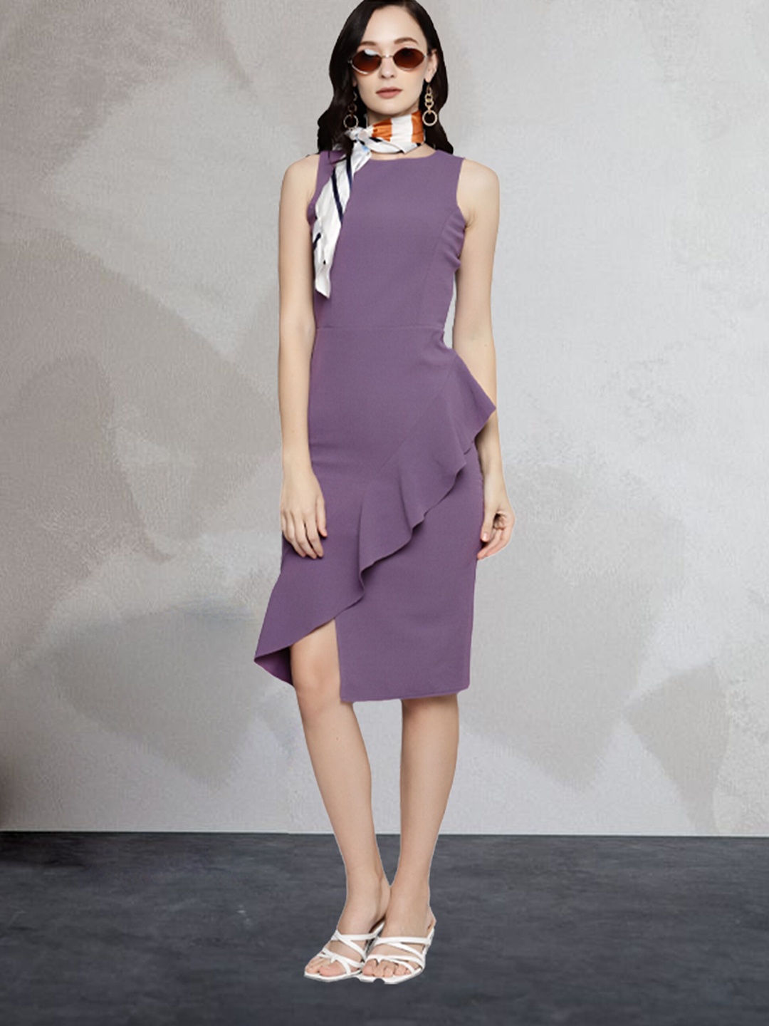 

N N ENTERPRISE Boat Neck Ruffles Sheath Dress, Purple