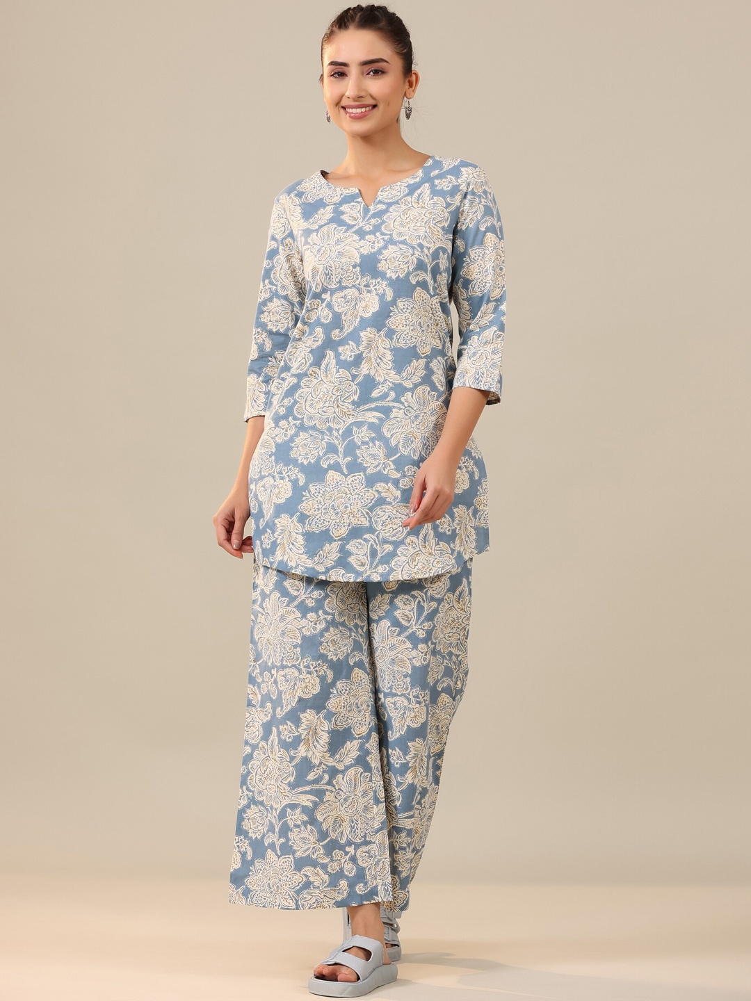 

JISORA Pure Cotton Floral Print Ethnic Co-Ords, Blue