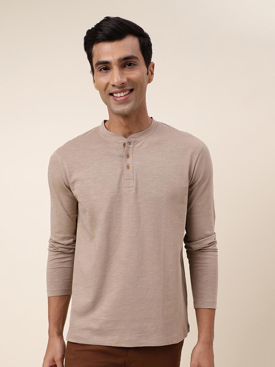 

Fabindia Henley Neck Cotton Relaxed Fit T-shirt, Beige