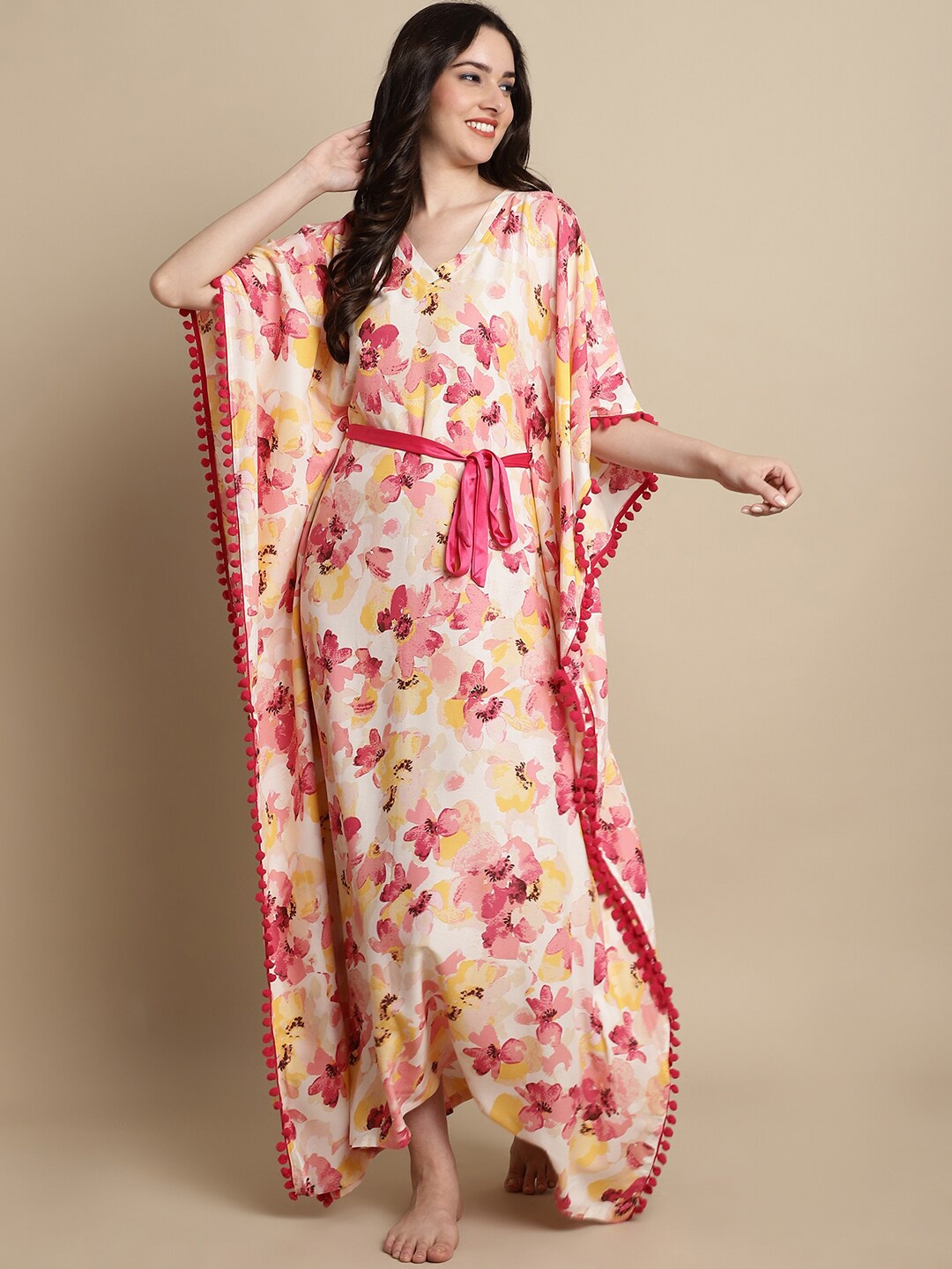 

Claura Floral Printed Kaftan Maxi Nightdress, Pink