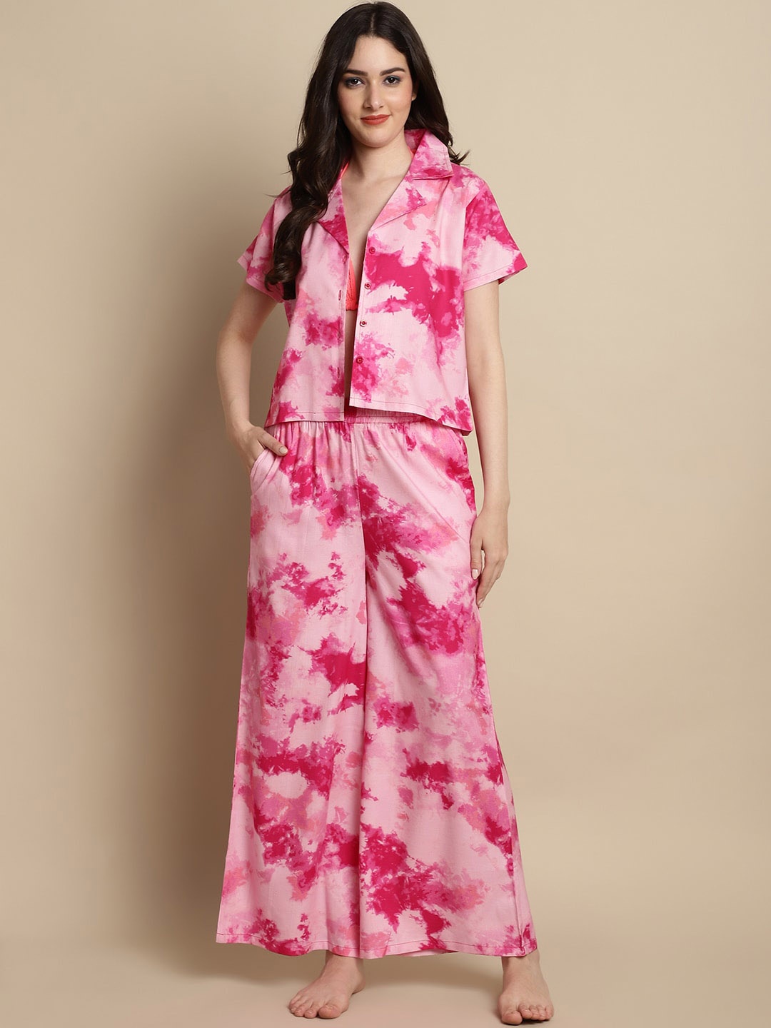 

Claura Tie & Dye Cotton Night suit, Pink