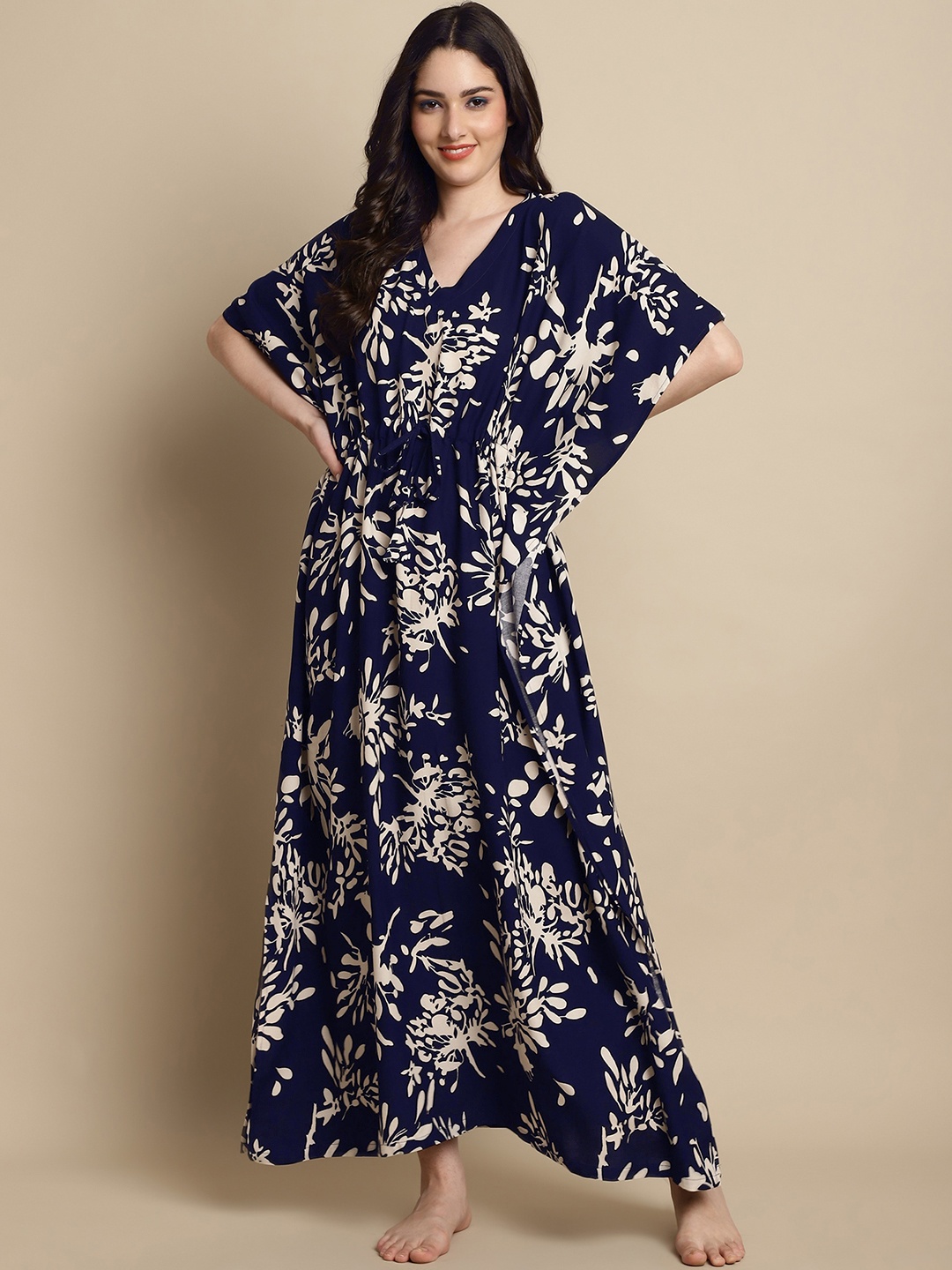 

Claura Floral Printed Kaftan Maxi Nightdress, Navy blue