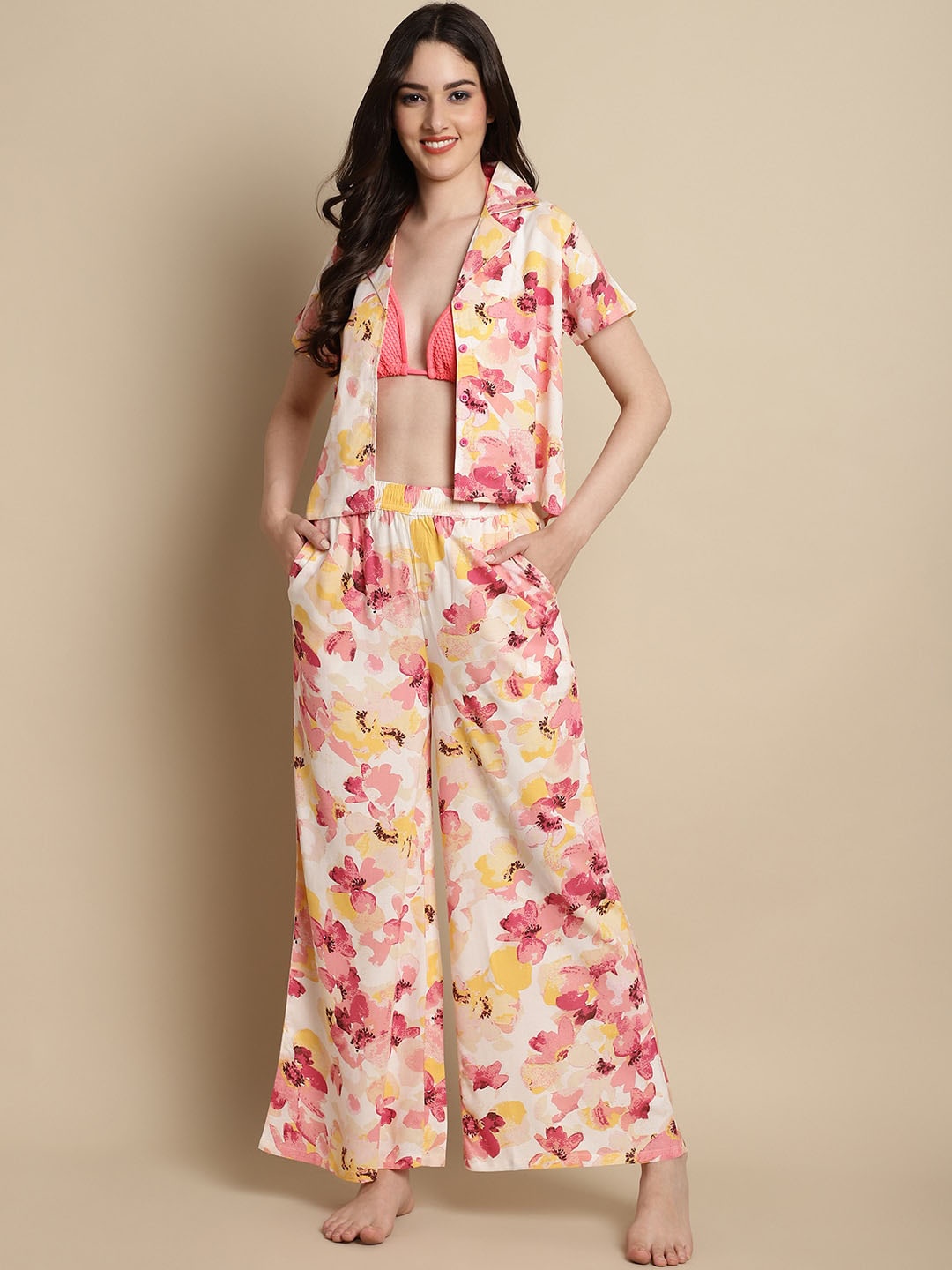 

Claura Floral Printed Cotton Night suit, Pink