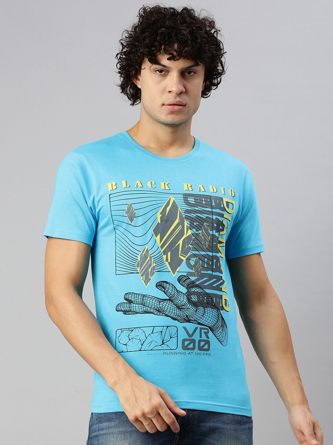 

BLACK RADIO Graphic Printed Pure Cotton T-shirt, Turquoise blue