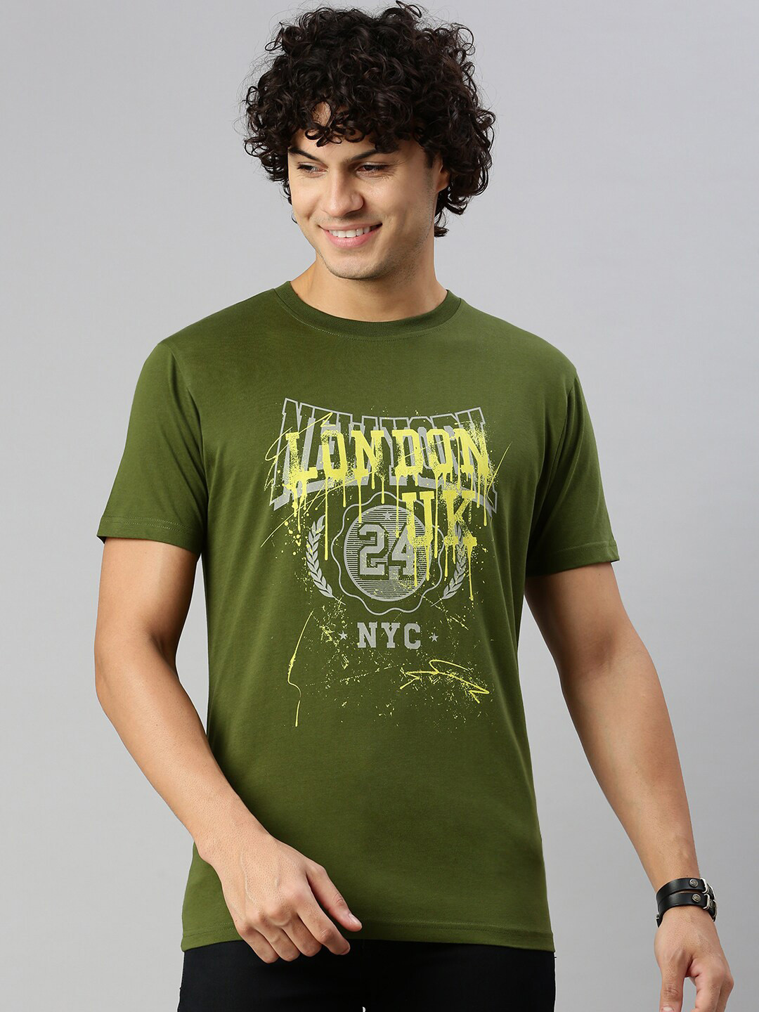 

BLACK RADIO Typography Printed Pure Cotton T-shirt, Olive