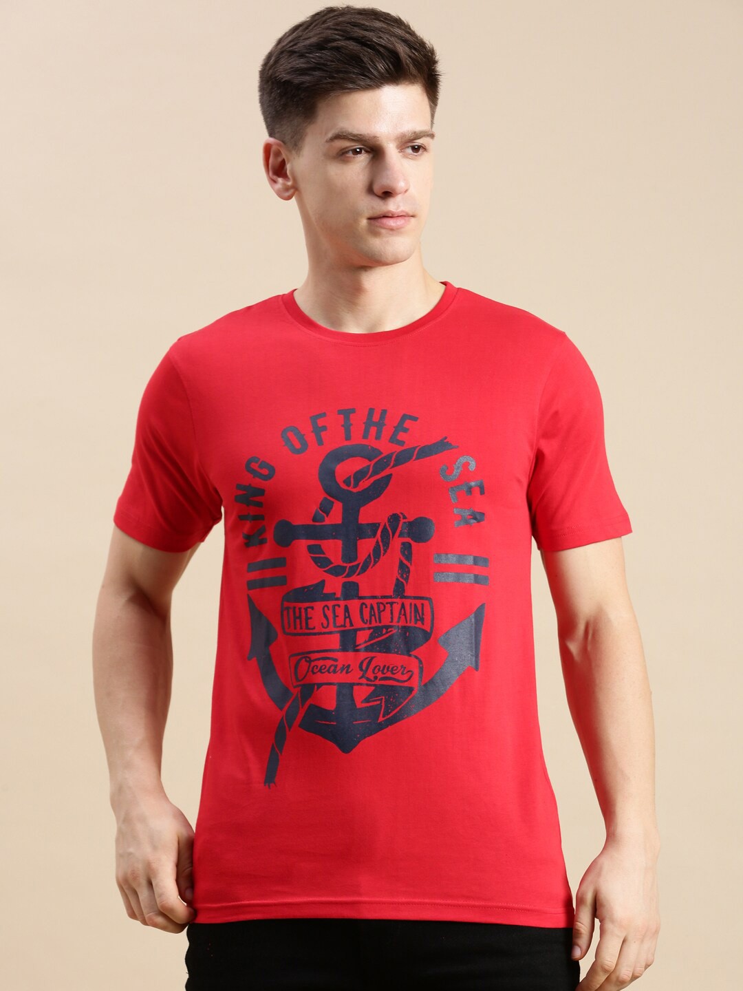 

BLACK RADIO Typography Printed Pure Cotton T-shirt, Red