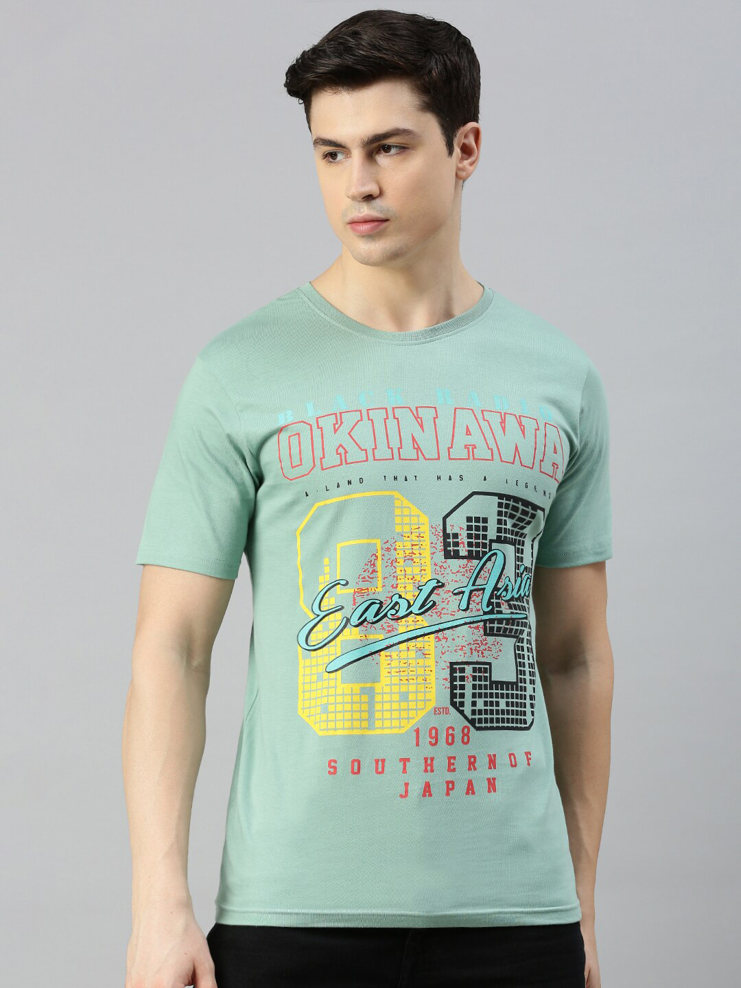 

BLACK RADIO Typography Printed Round Neck Pure Cotton T-Shirt, Sea green