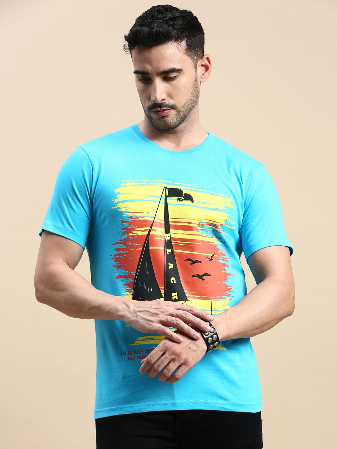 

BLACK RADIO Graphic Printed Round Neck Pure Cotton T-Shirt, Blue