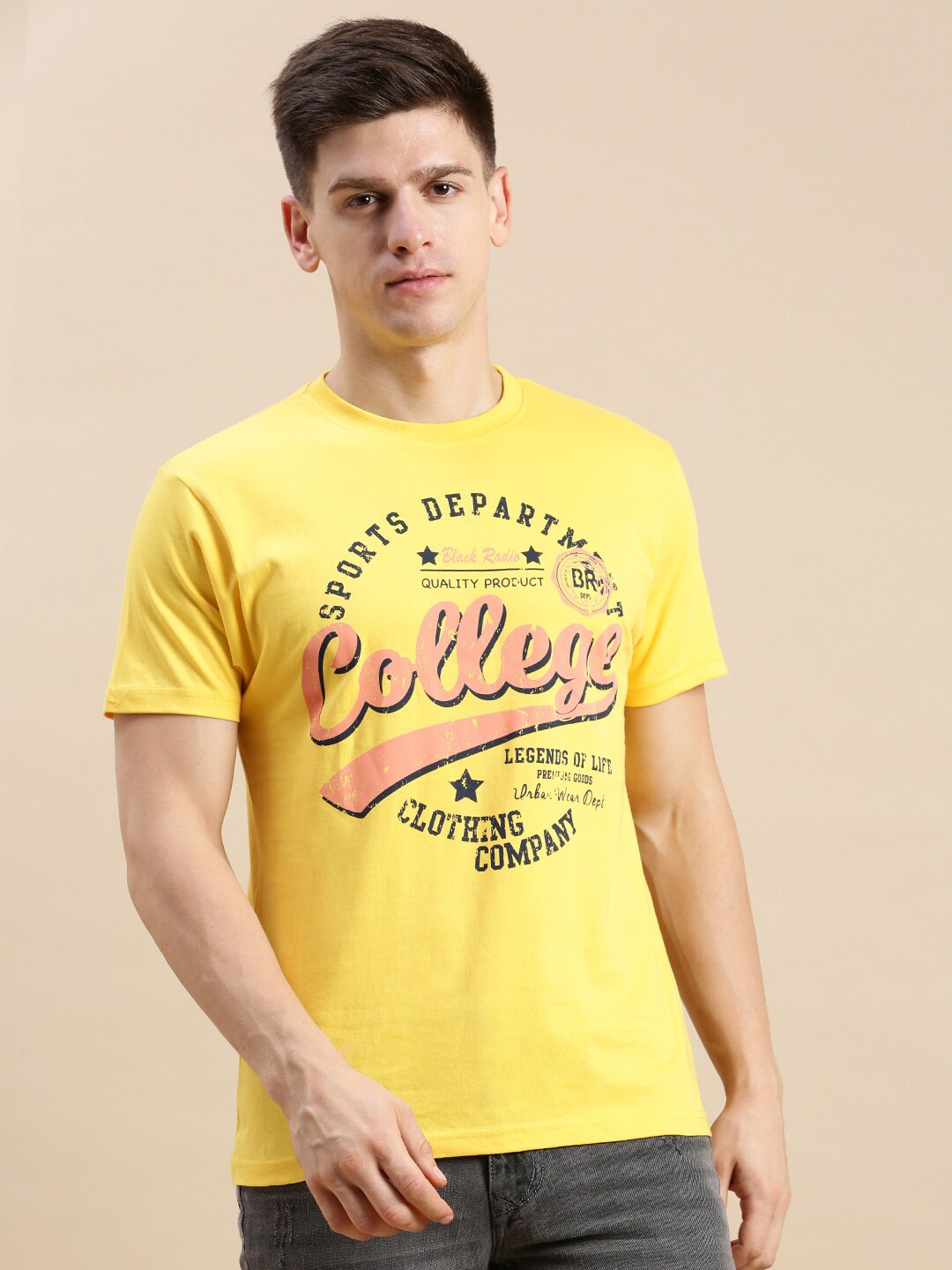 

BLACK RADIO Typography Printed Round Neck Pure Cotton T-Shirt, Yellow