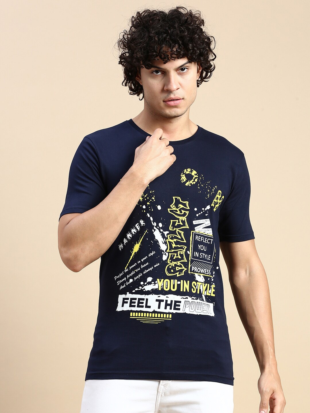 

BLACK RADIO Typography Printed Round Neck Pure Cotton T-Shirt, Navy blue