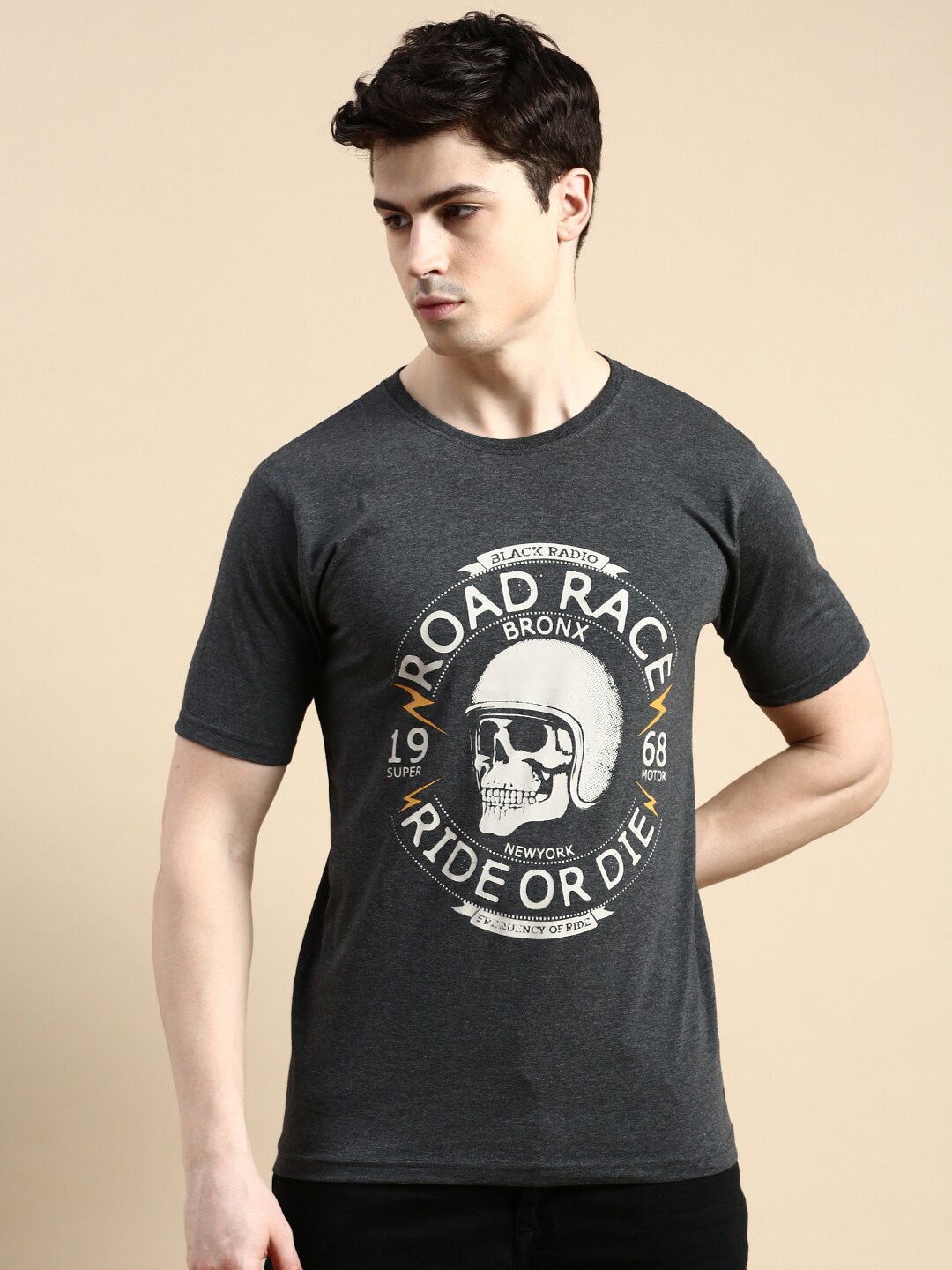

BLACK RADIO Typography Printed Round Neck Pure Cotton T-Shirt, Charcoal